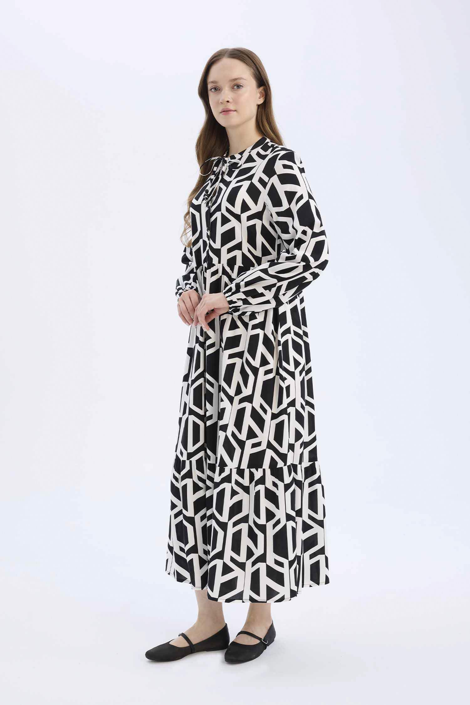 فستان ردن طويل مطبوع فيسكوز بياخة مستديرة