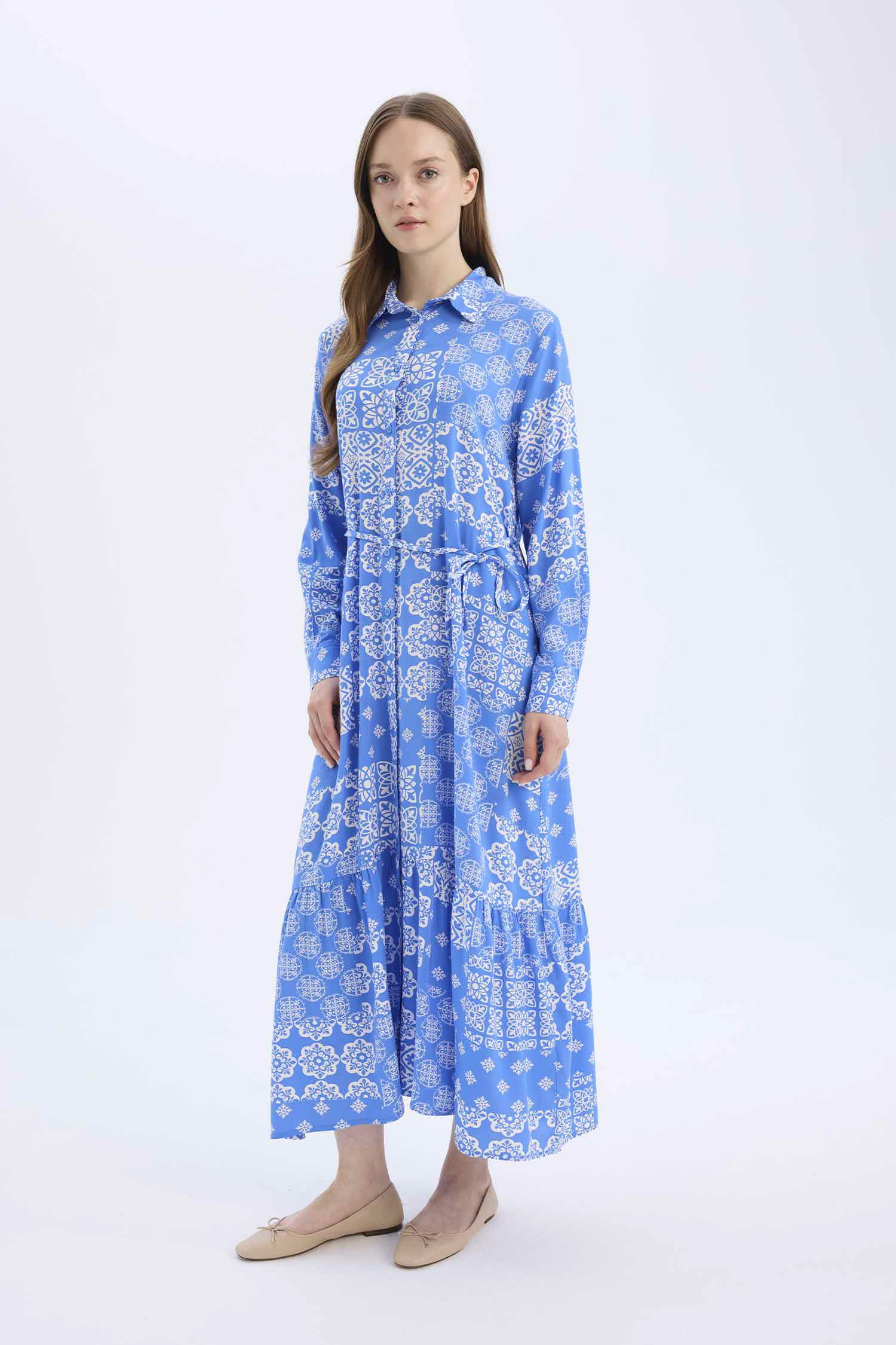 فستان طويل أزرق كم طويل مطبوع فيسكوز بياقة قميص