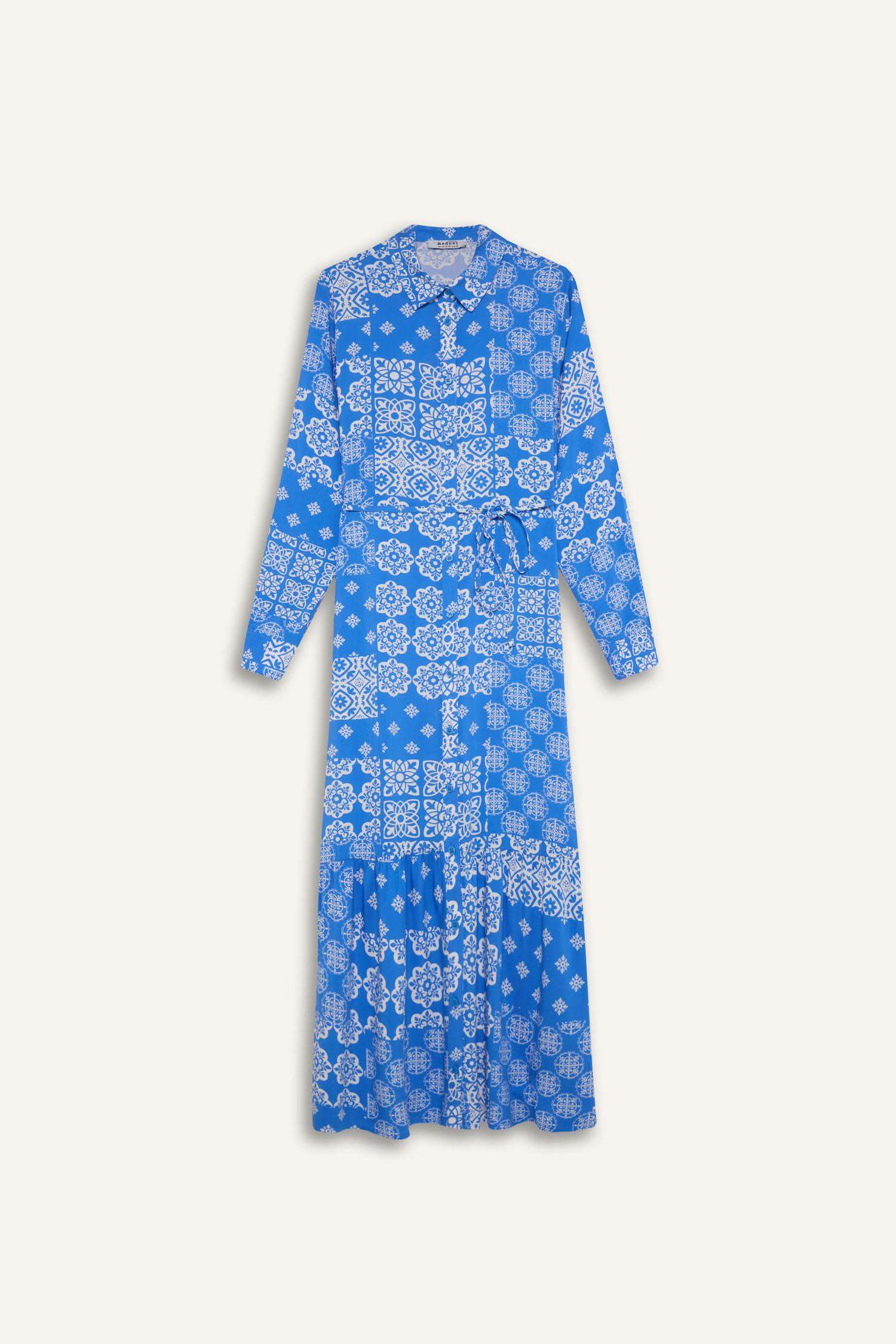 فستان طويل أزرق كم طويل مطبوع فيسكوز بياقة قميص