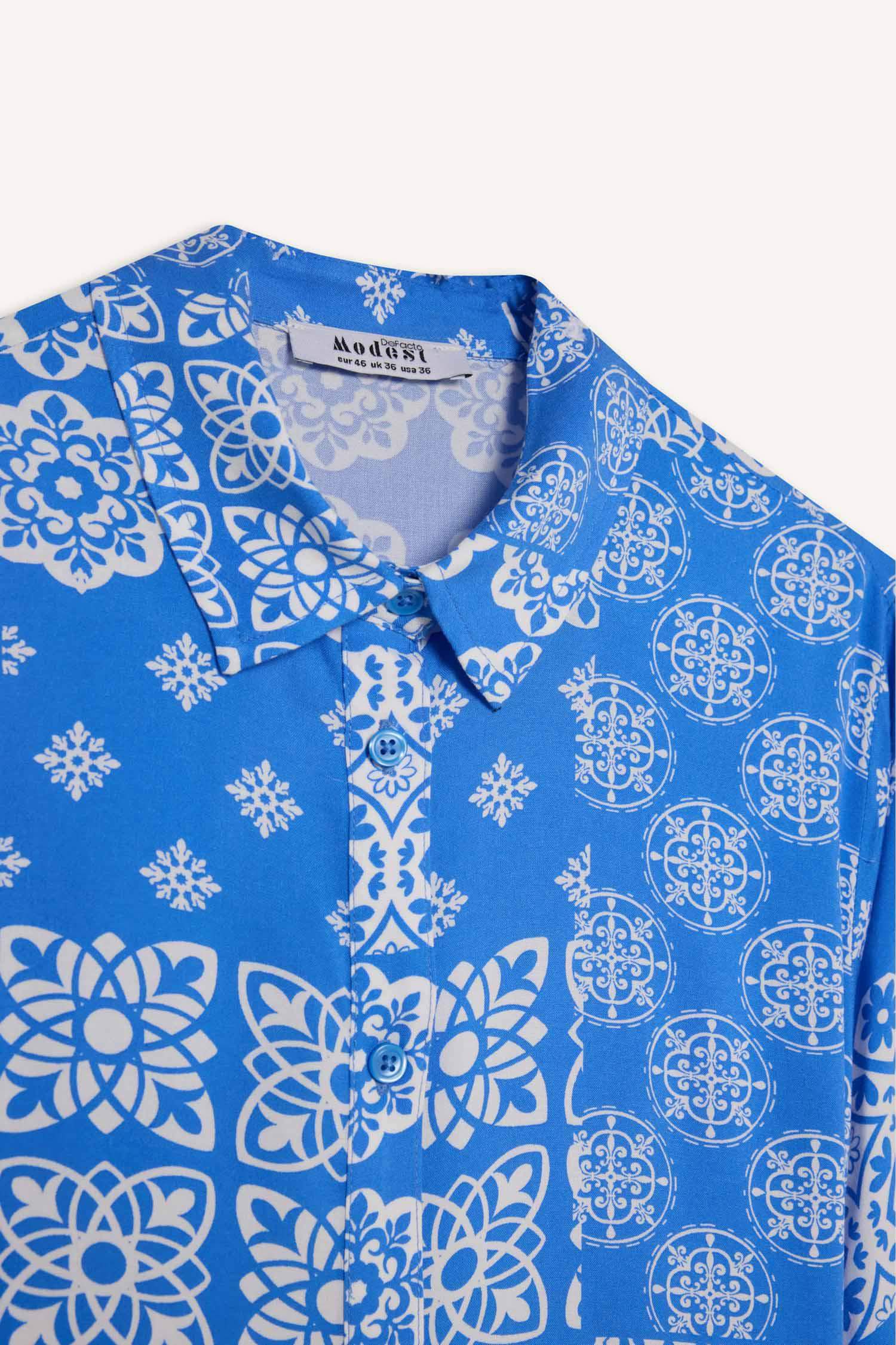 فستان طويل أزرق كم طويل مطبوع فيسكوز بياقة قميص