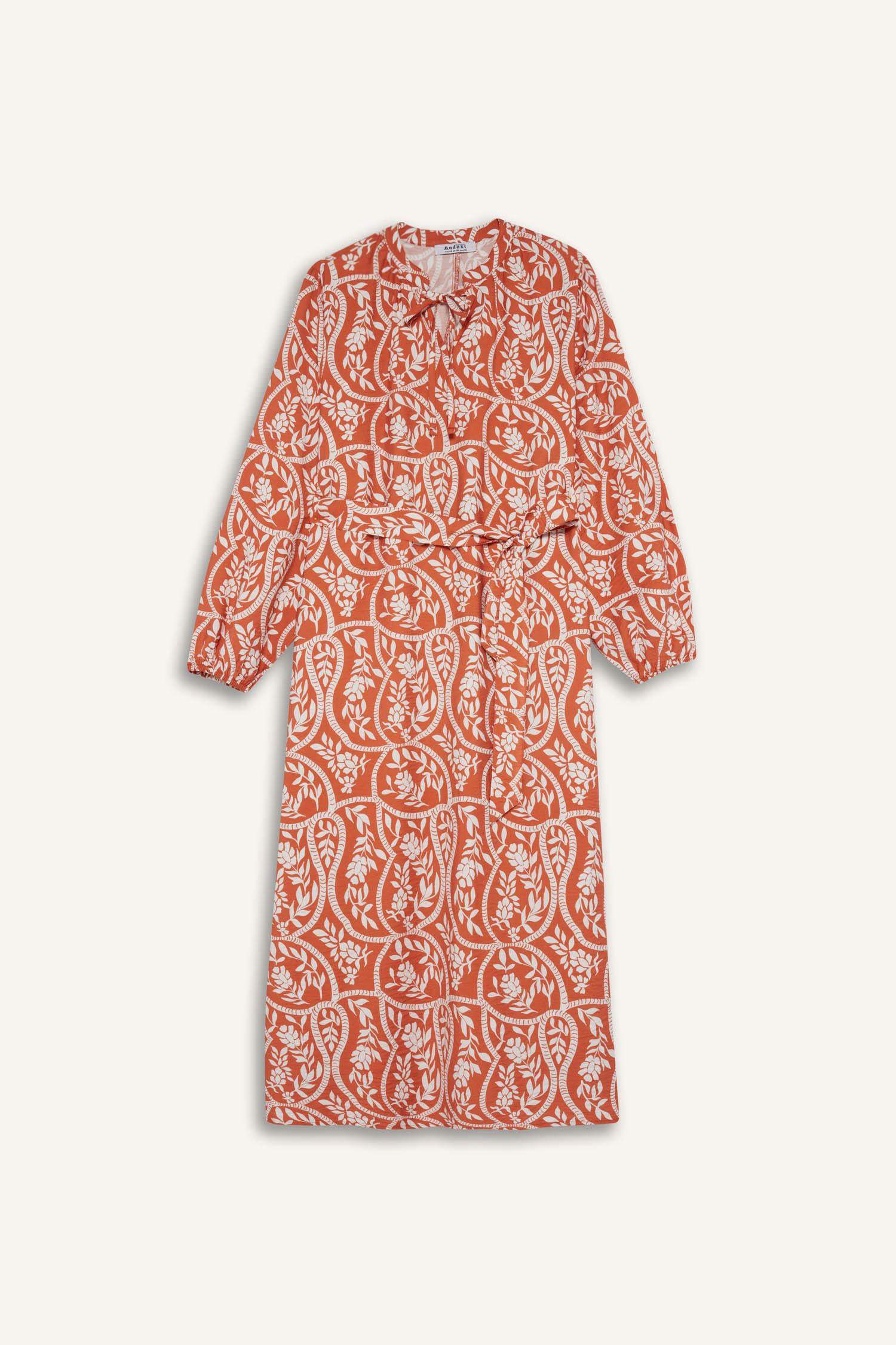 فستان كم طويل مطبوعة فيسكوز قصة مريحة كم راجلان بياقة بشريط