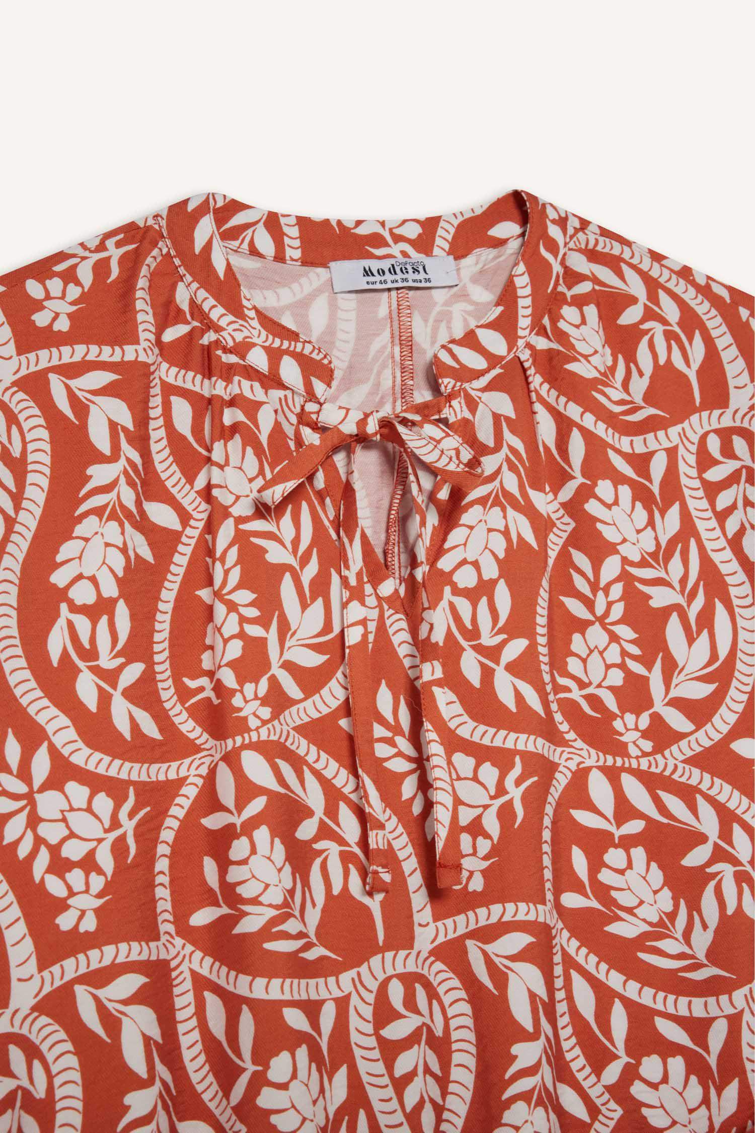 فستان كم طويل مطبوعة فيسكوز قصة مريحة كم راجلان بياقة بشريط