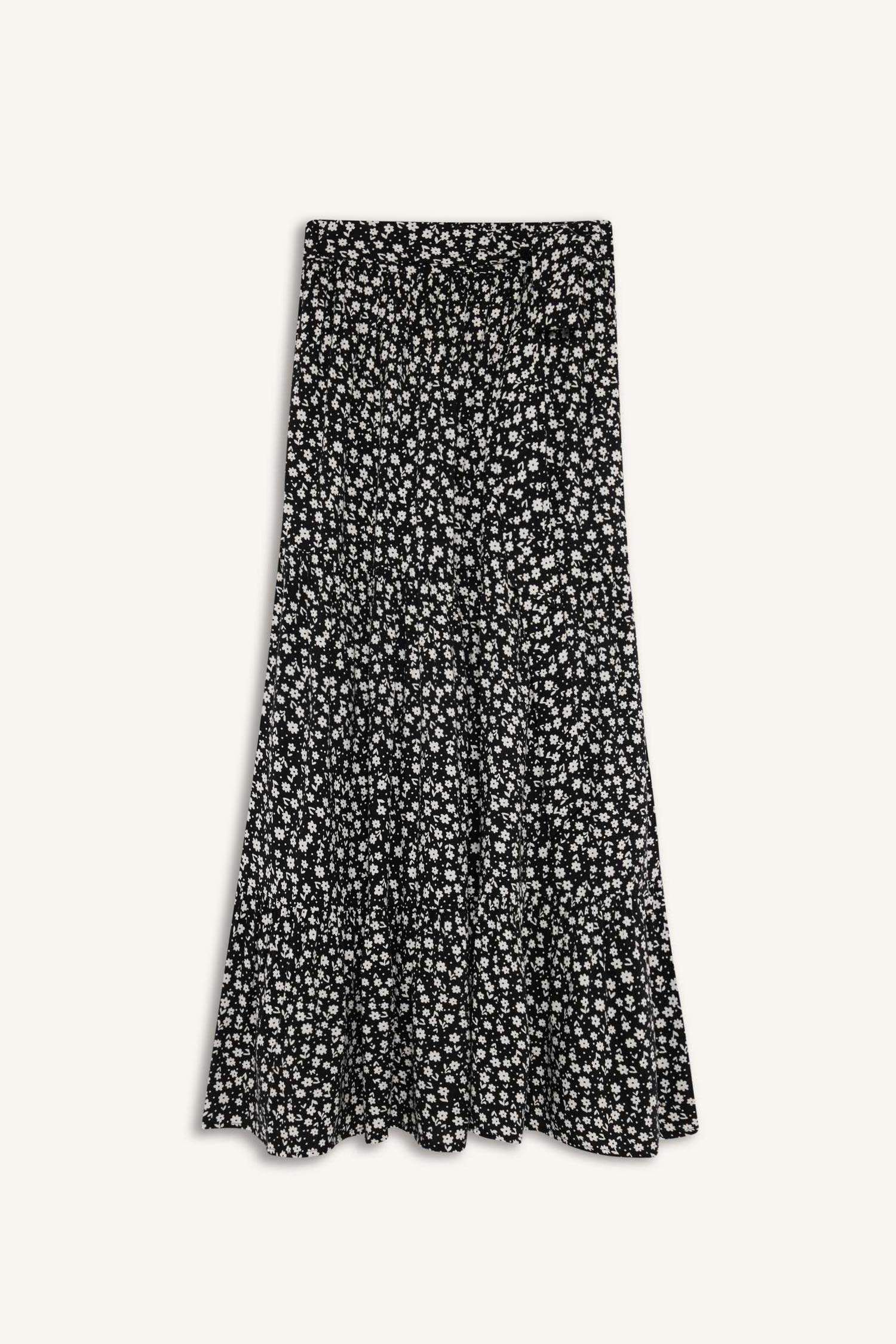 Çiçek Desenli Beli Bağcıklı Viskon Maxi Etek