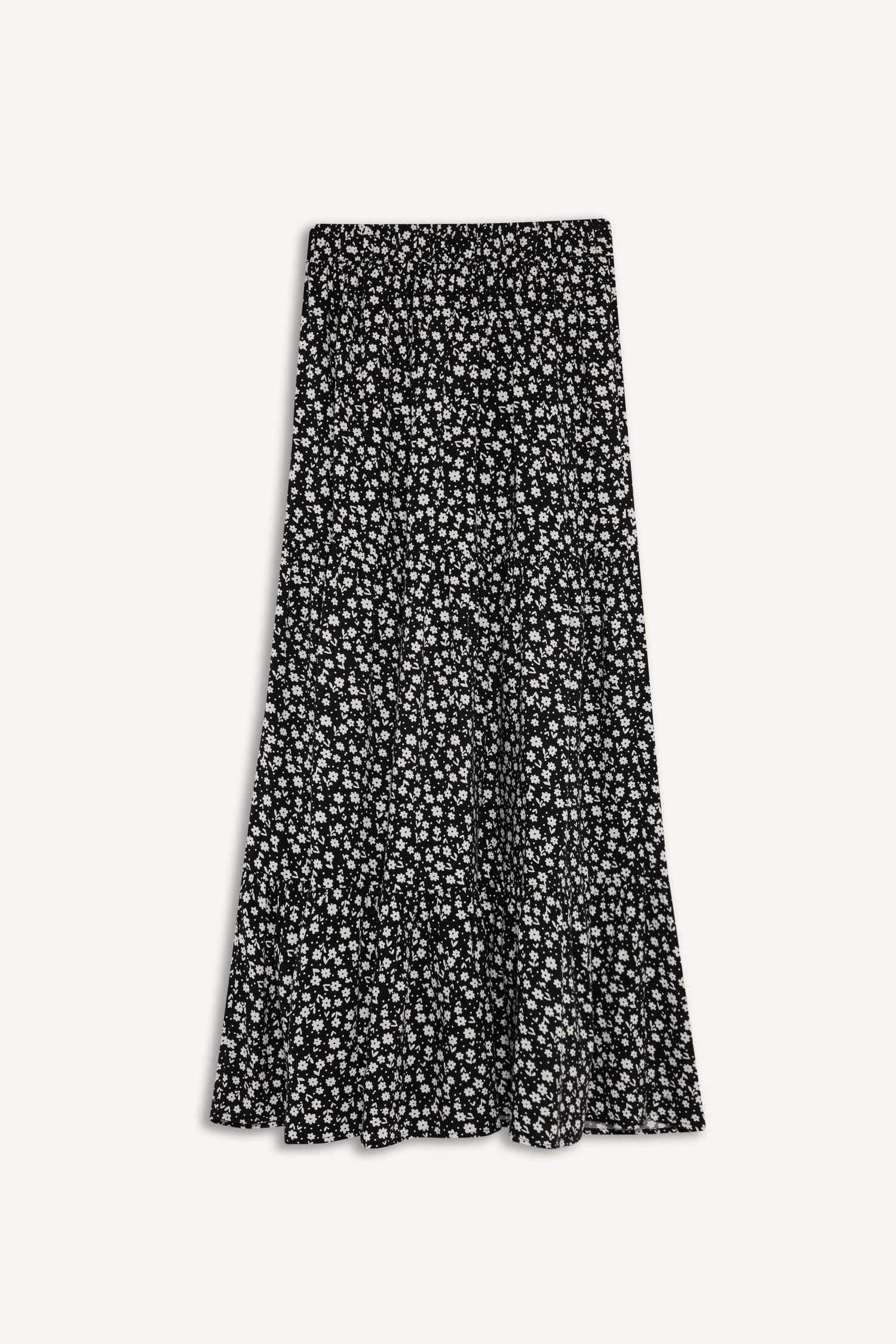 Çiçek Desenli Beli Bağcıklı Viskon Maxi Etek