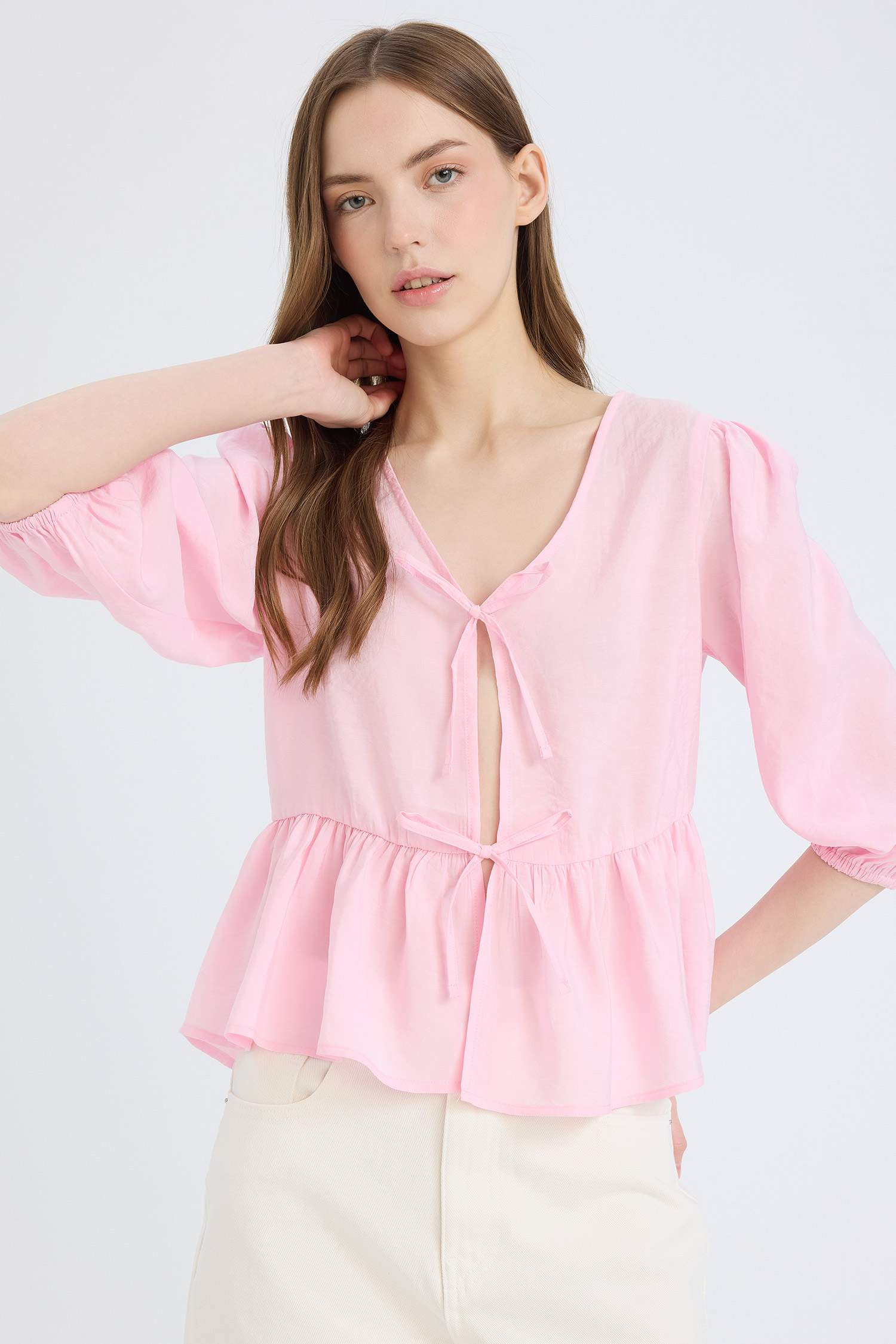 қалыпты пішім v жаға Ұзын Жеңді Блуза