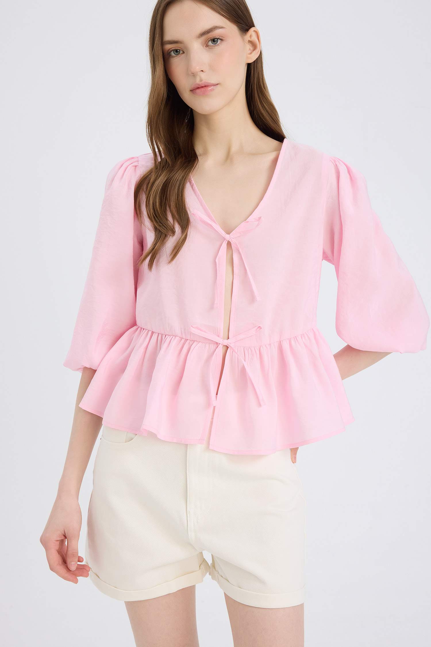 қалыпты пішім v жаға Ұзын Жеңді Блуза