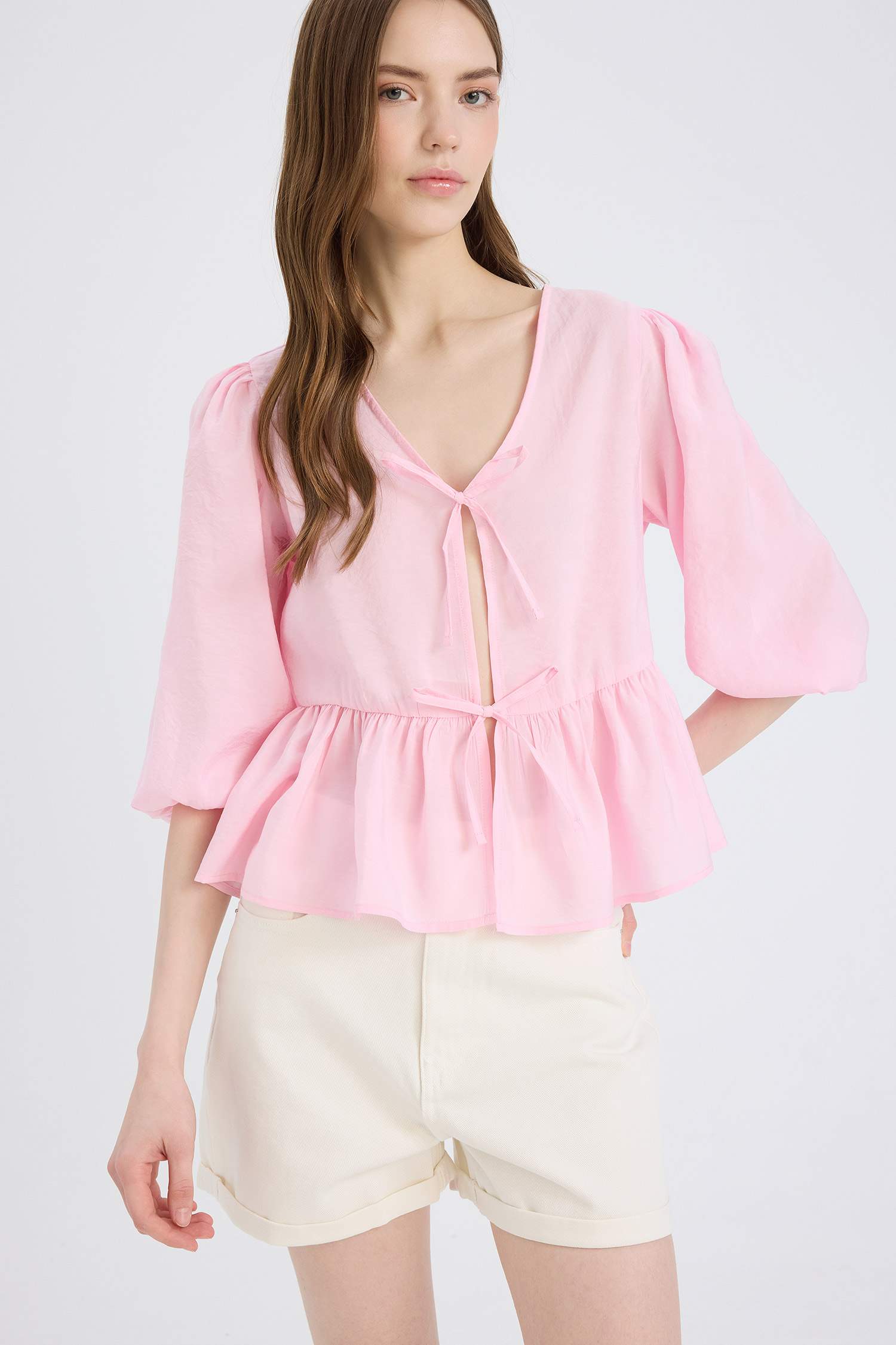 қалыпты пішім v жаға Ұзын Жеңді Блуза