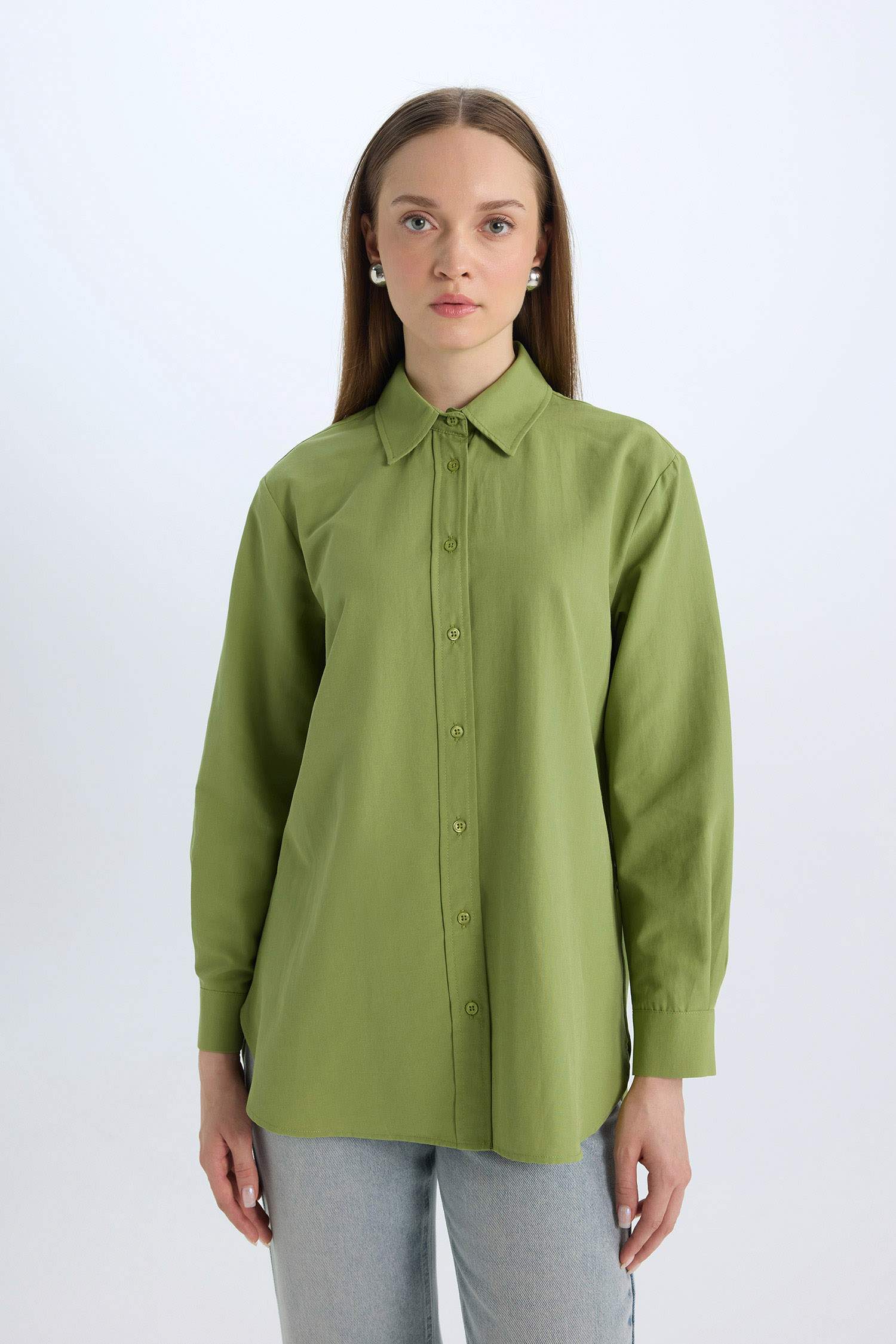 Relax Fit Basic Düz Poplin Uzun Kollu Gömlek Tunik