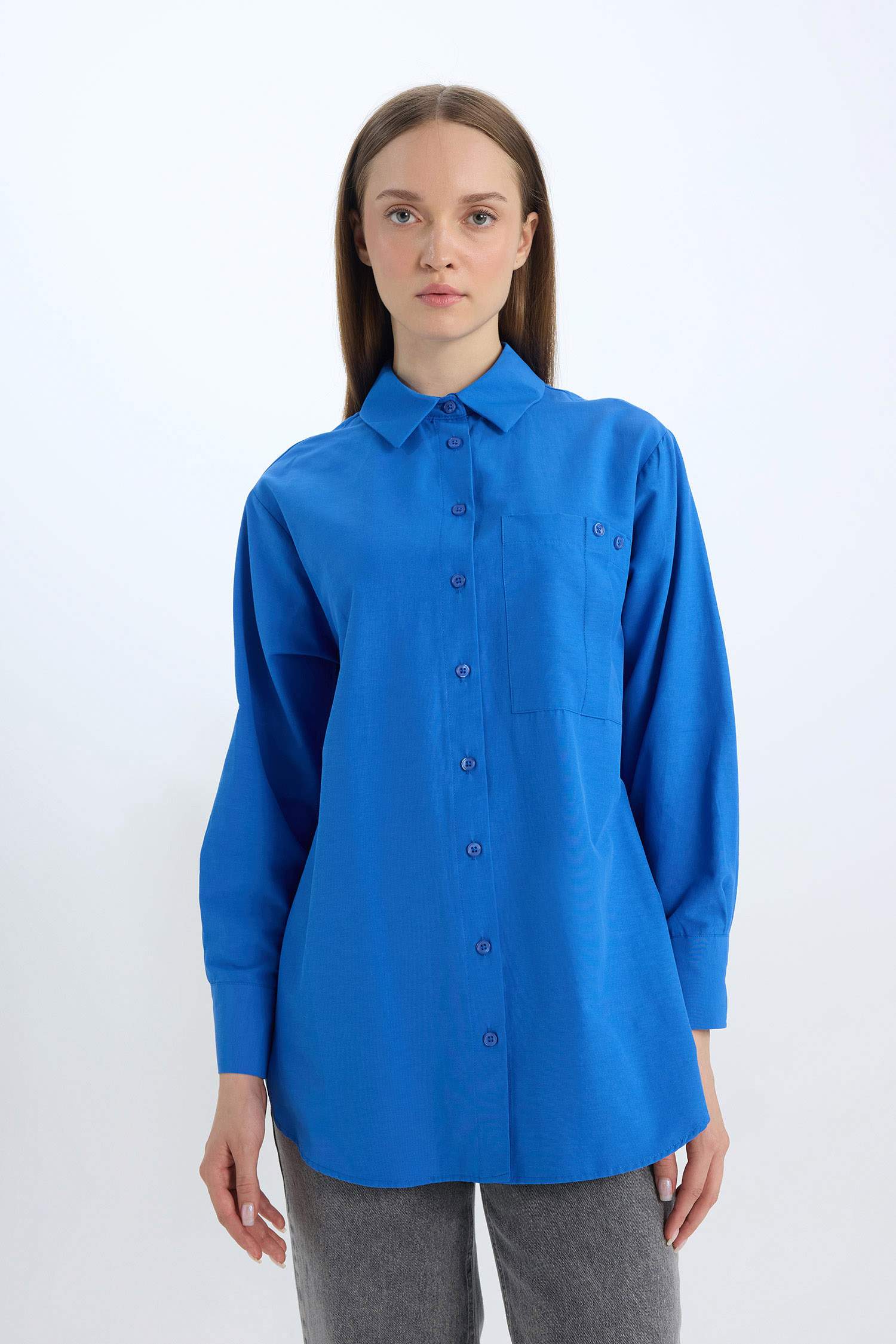 Relax Fit Poplin Basic Düz Uzun Kollu Gömlek Tunik