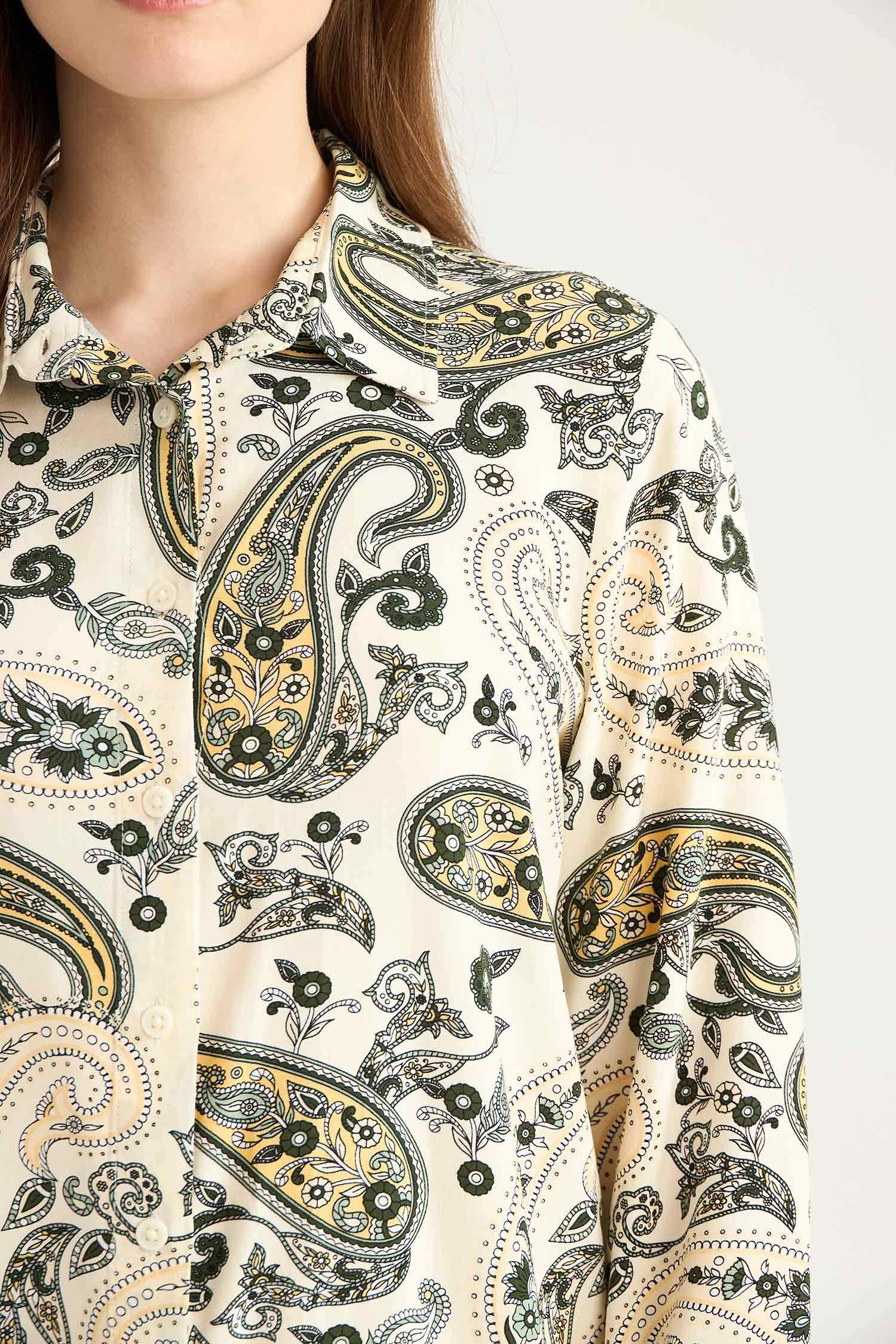 Relax Fit Gömlek Yaka Desenli Viskon Uzun Kollu Tunik 