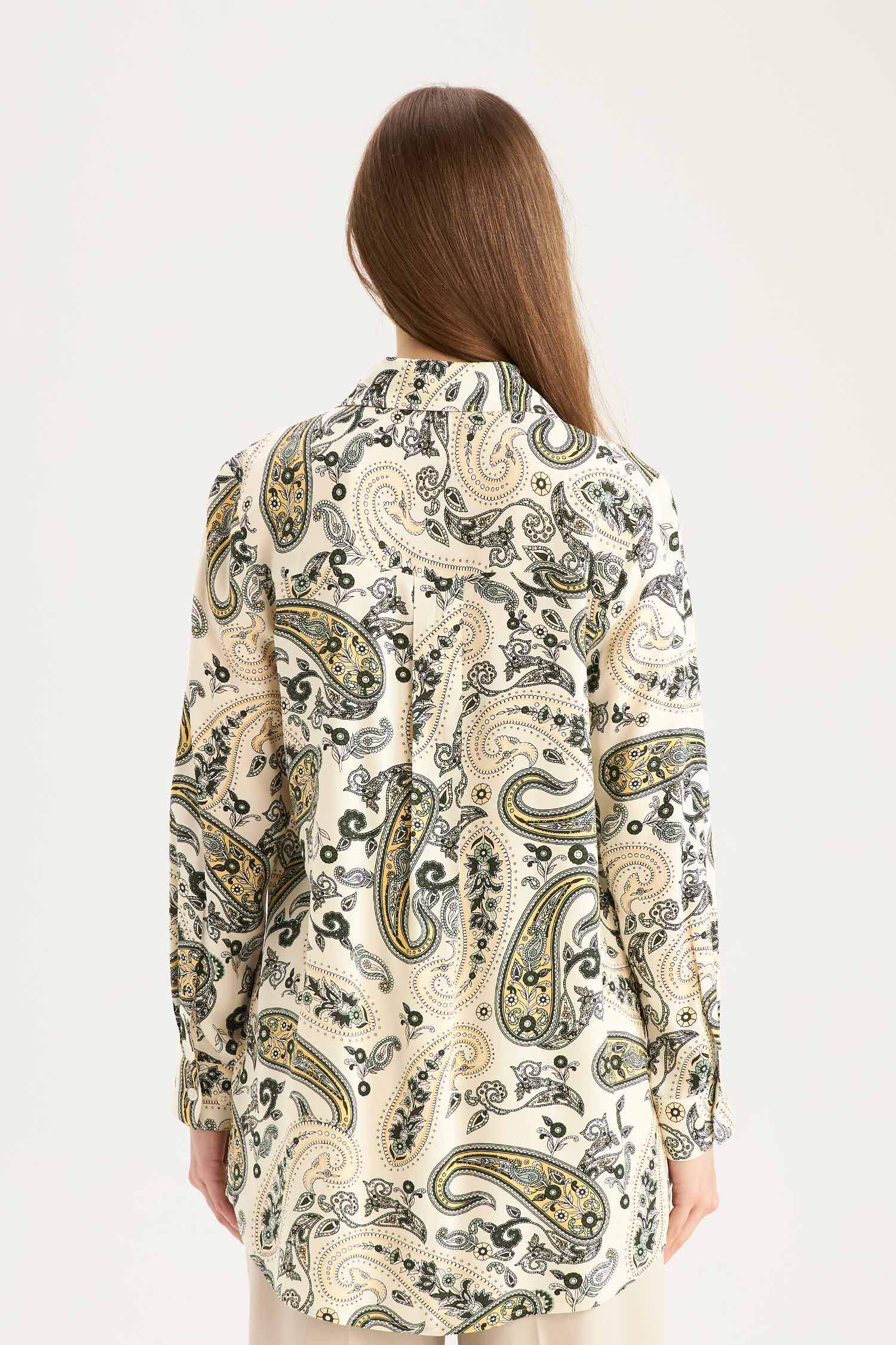 Relax Fit Gömlek Yaka Desenli Viskon Uzun Kollu Tunik 