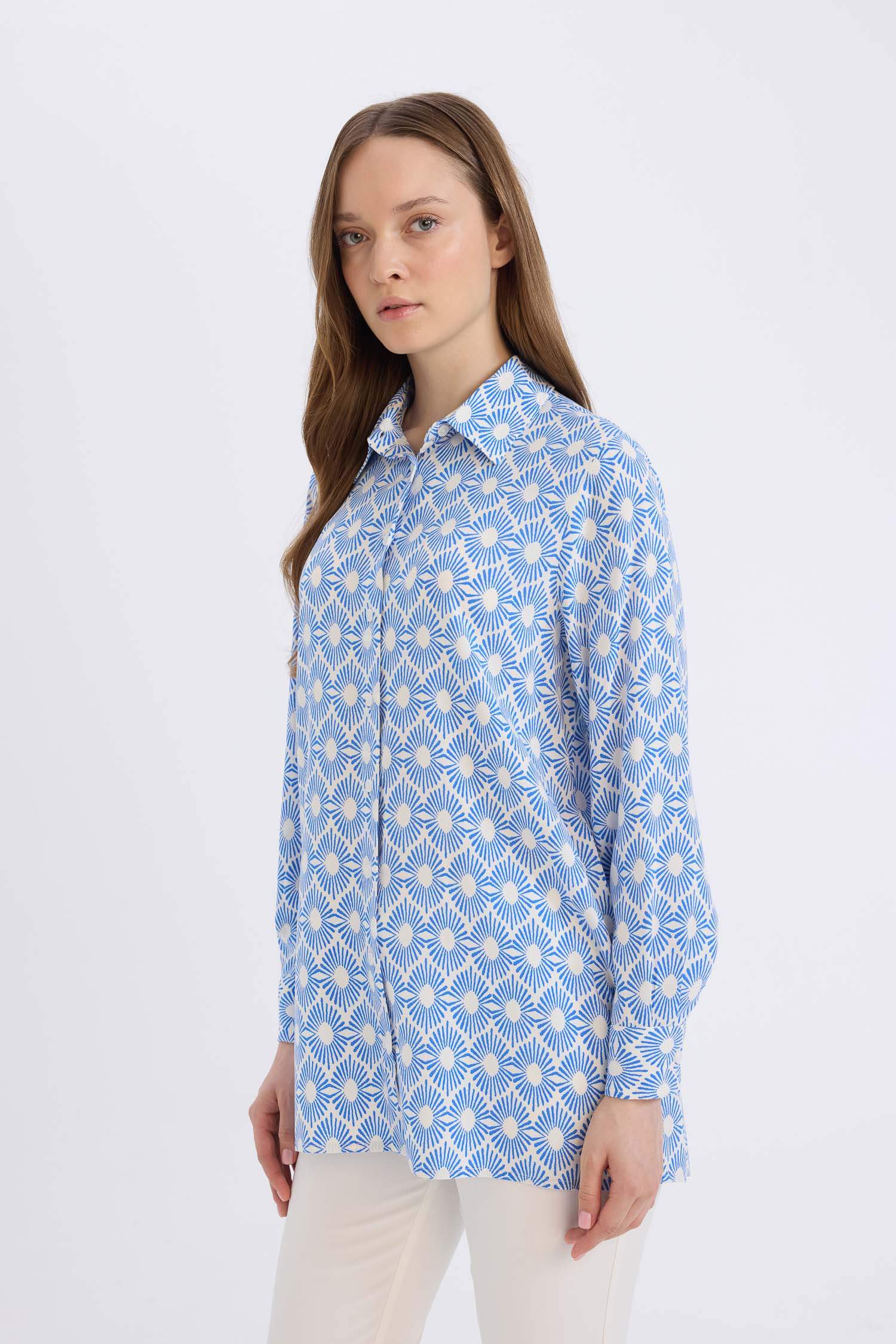 Relax Fit Viscose Shirt Collar Printed Long Sleeve Tunic