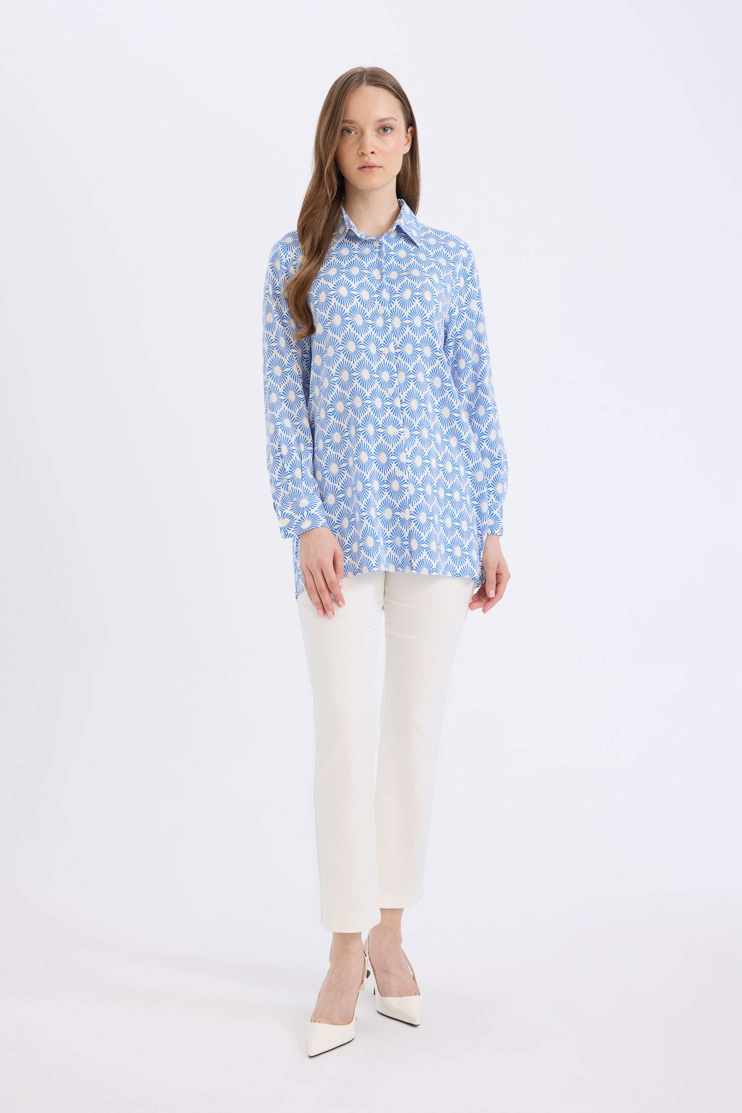 Relax Fit Viscose Shirt Collar Printed Long Sleeve Tunic