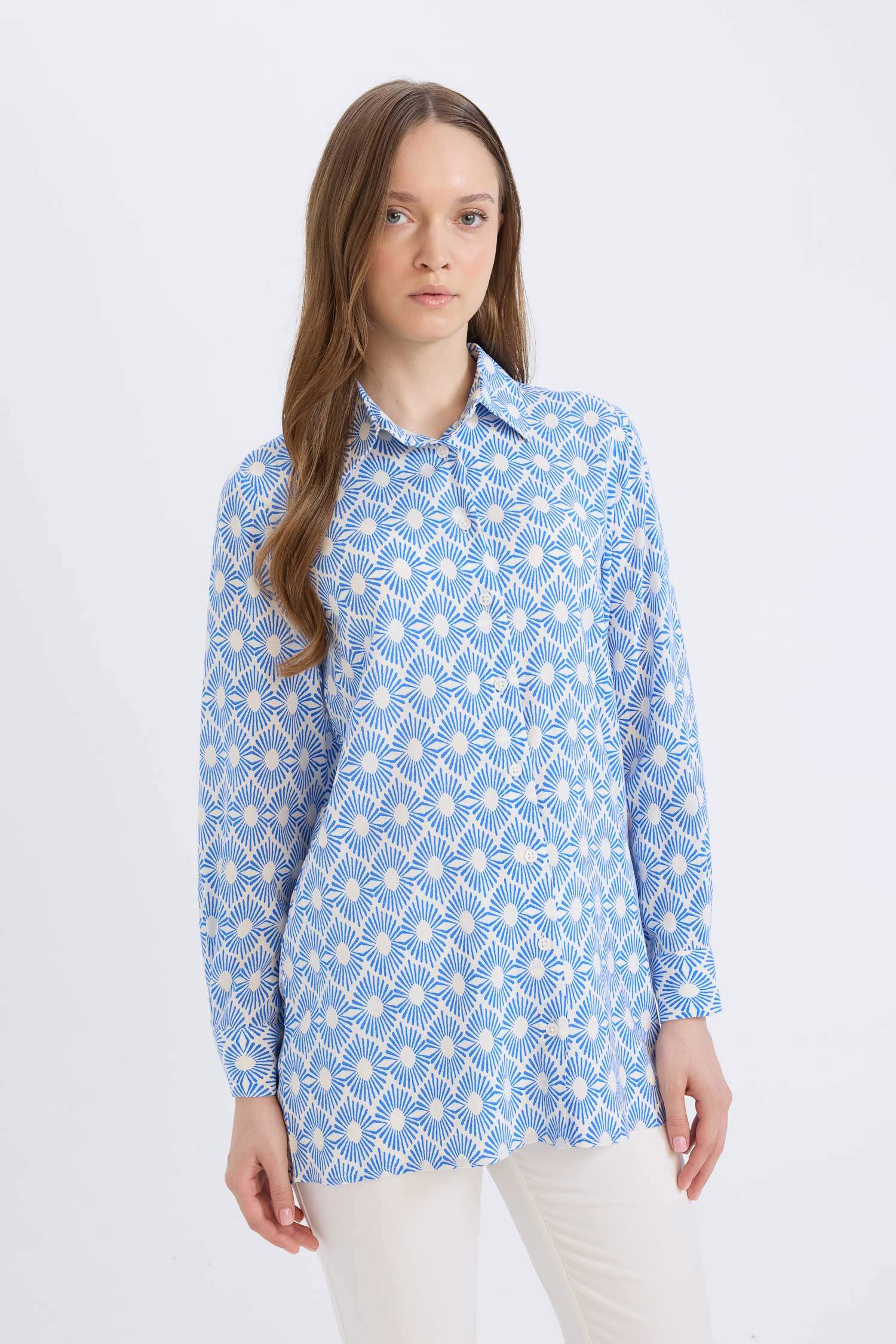 Relax Fit Viscose Shirt Collar Printed Long Sleeve Tunic
