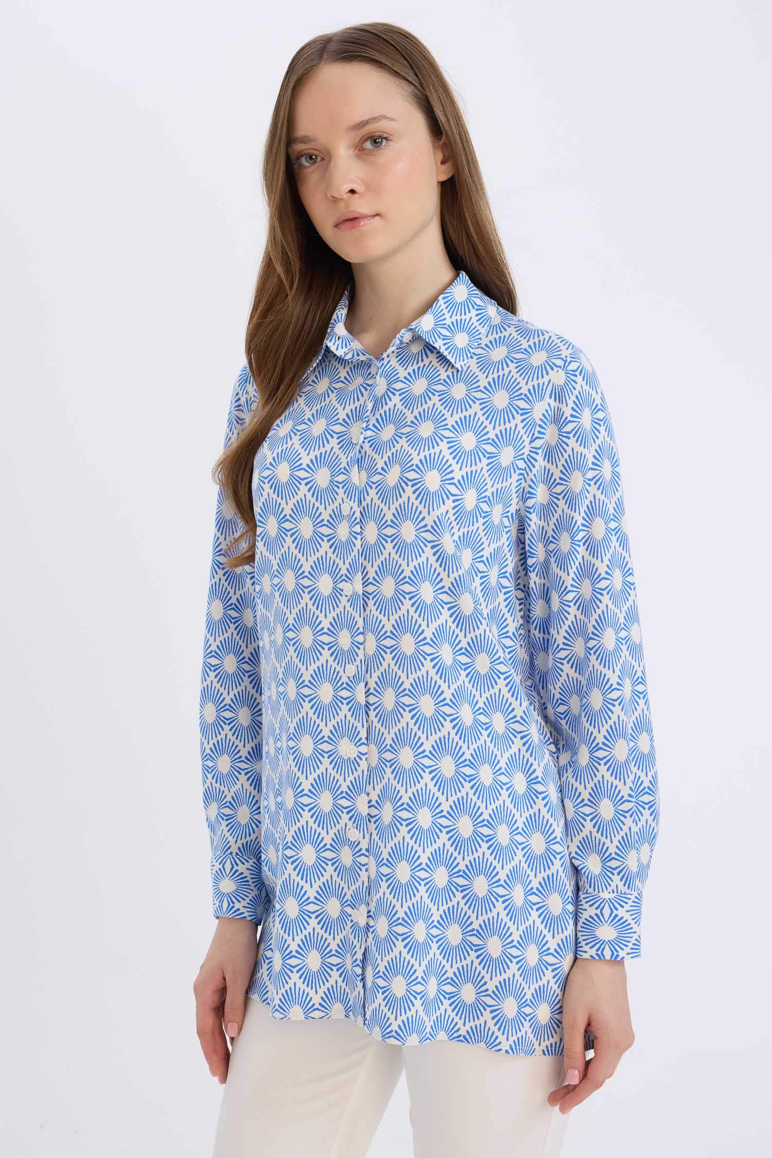 Relax Fit Viscose Shirt Collar Printed Long Sleeve Tunic