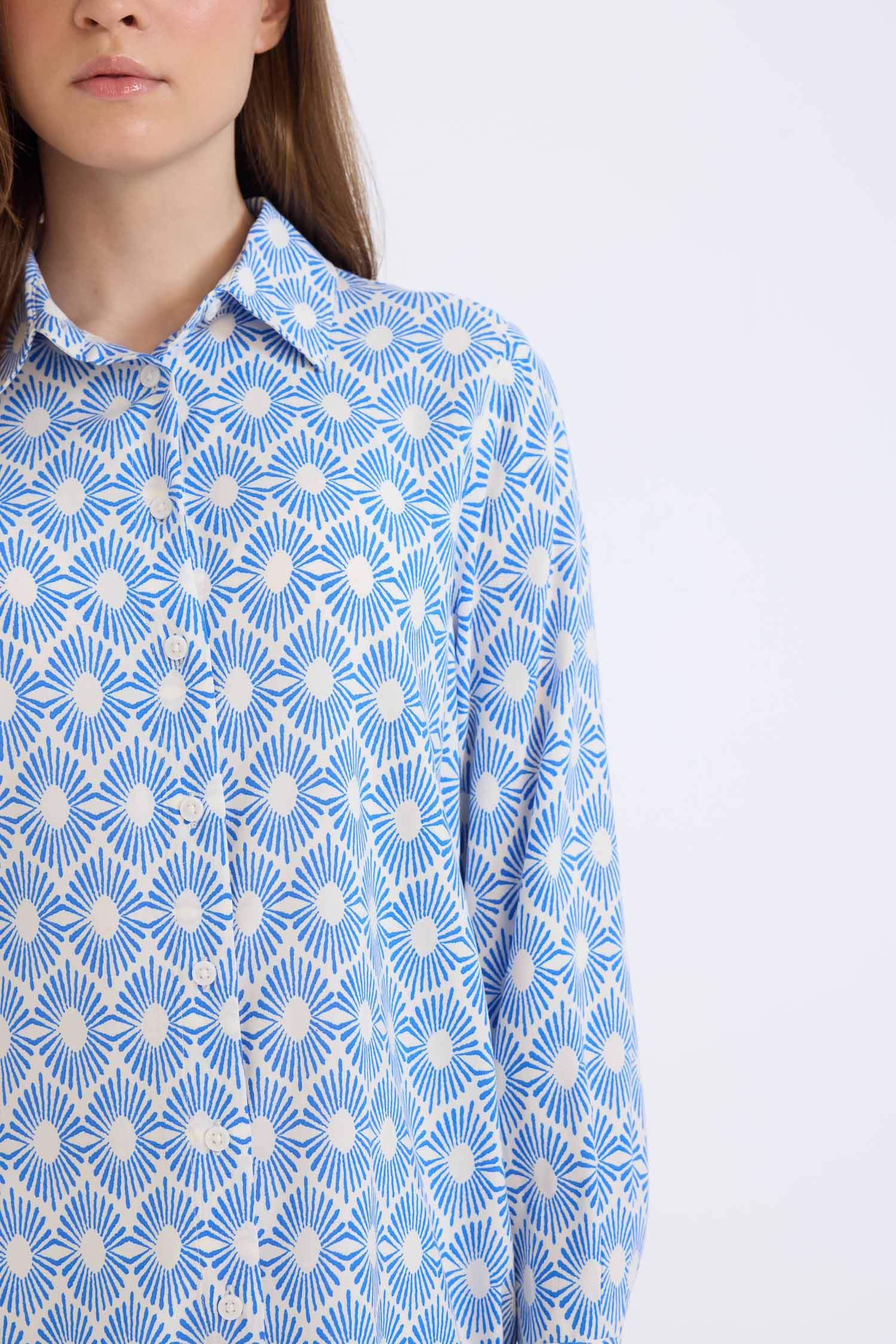 Relax Fit Viscose Shirt Collar Printed Long Sleeve Tunic