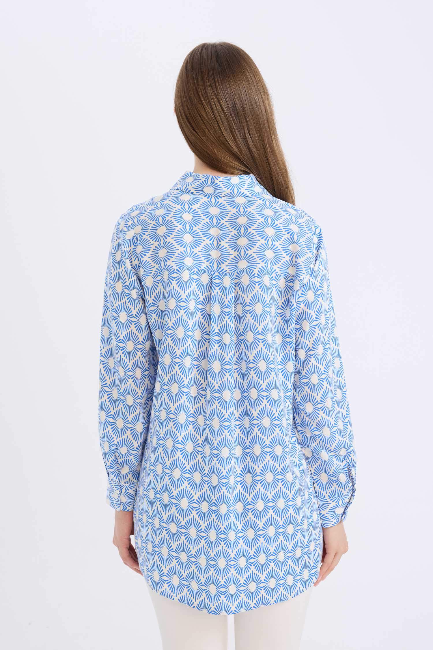 Relax Fit Viscose Shirt Collar Printed Long Sleeve Tunic