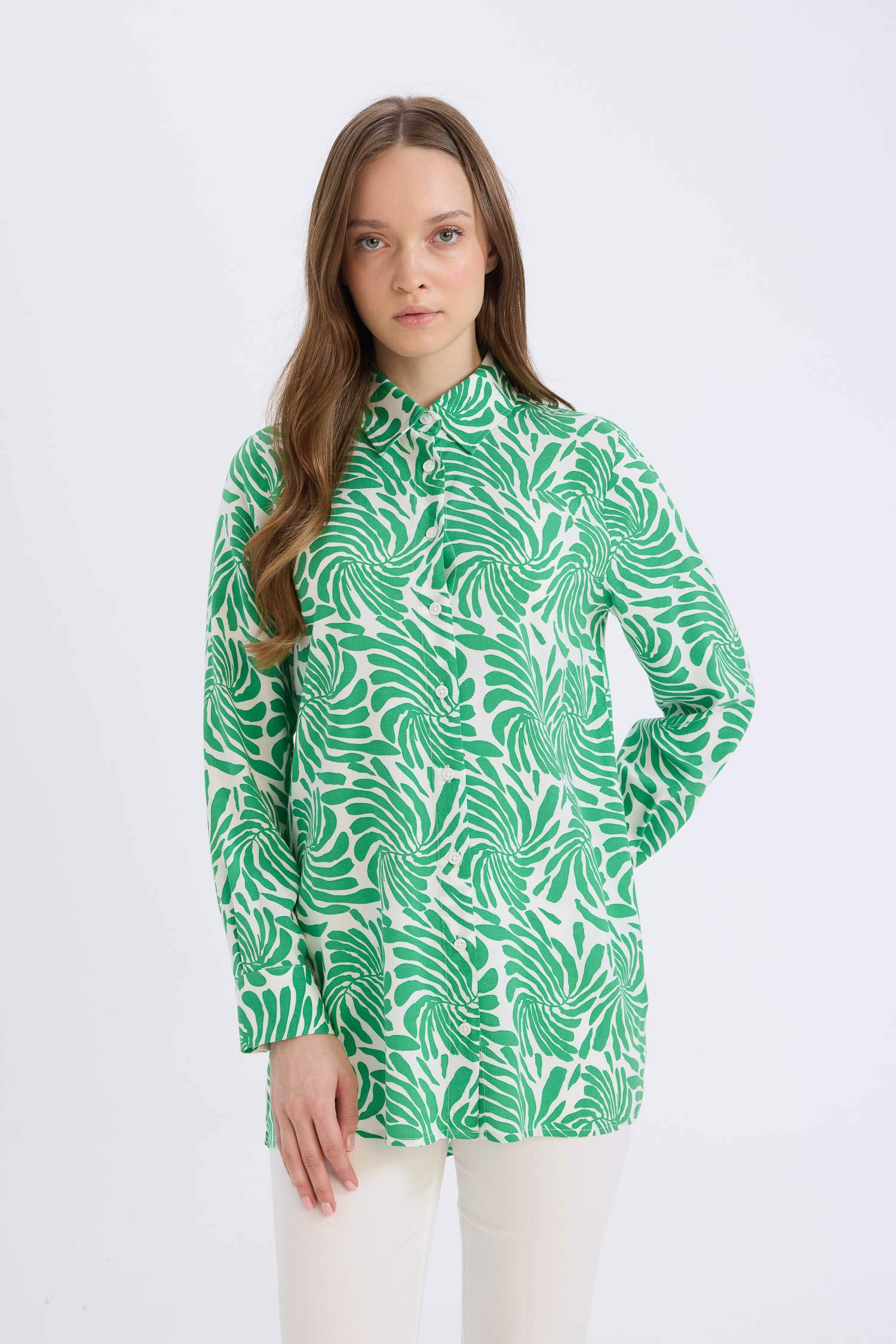 Relax Fit Gömlek Yaka Desenli Viskon Uzun Kollu Tunik