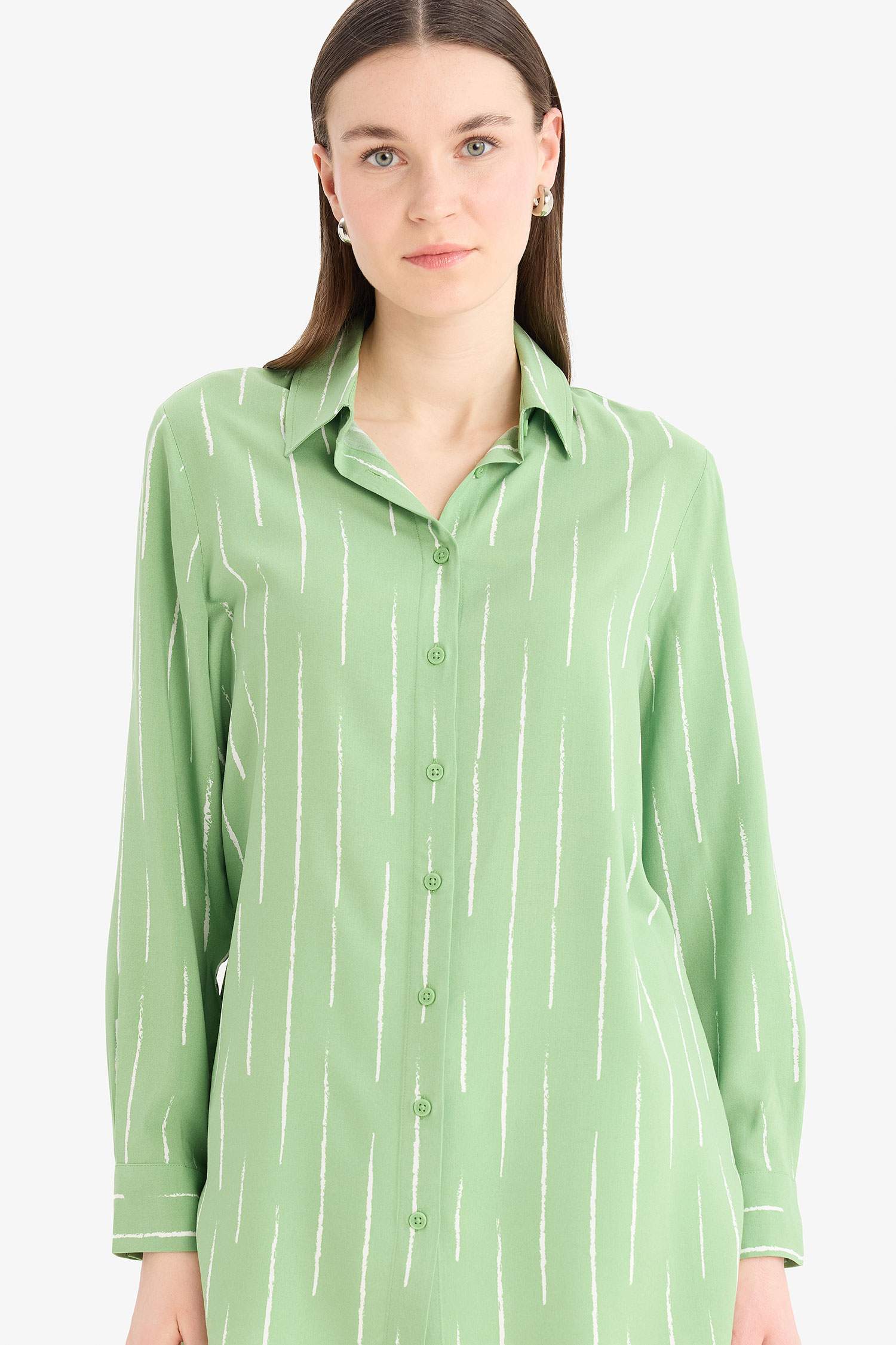 Relax Fit Viscose Shirt Collar Printed Long Sleeve Tunic