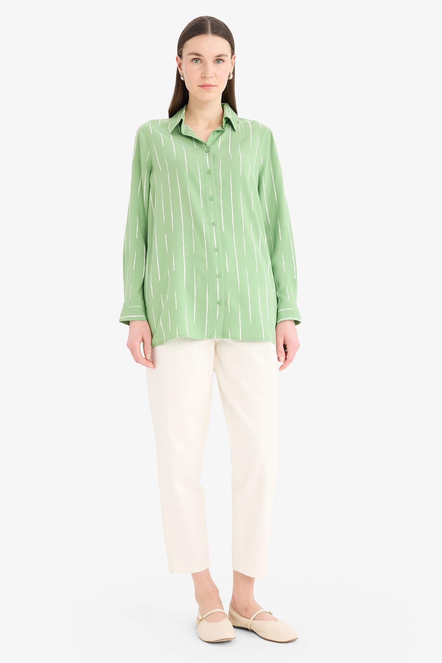 Relax Fit Viscose Shirt Collar Printed Long Sleeve Tunic