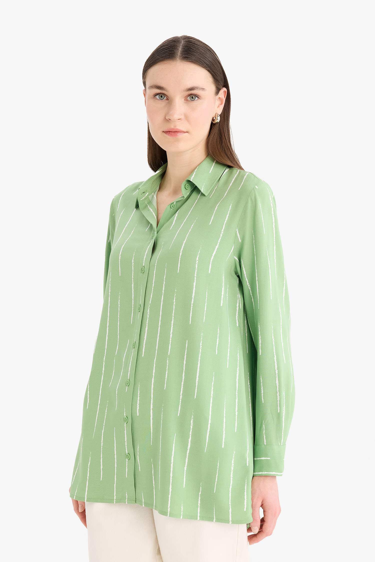 Relax Fit Viscose Shirt Collar Printed Long Sleeve Tunic