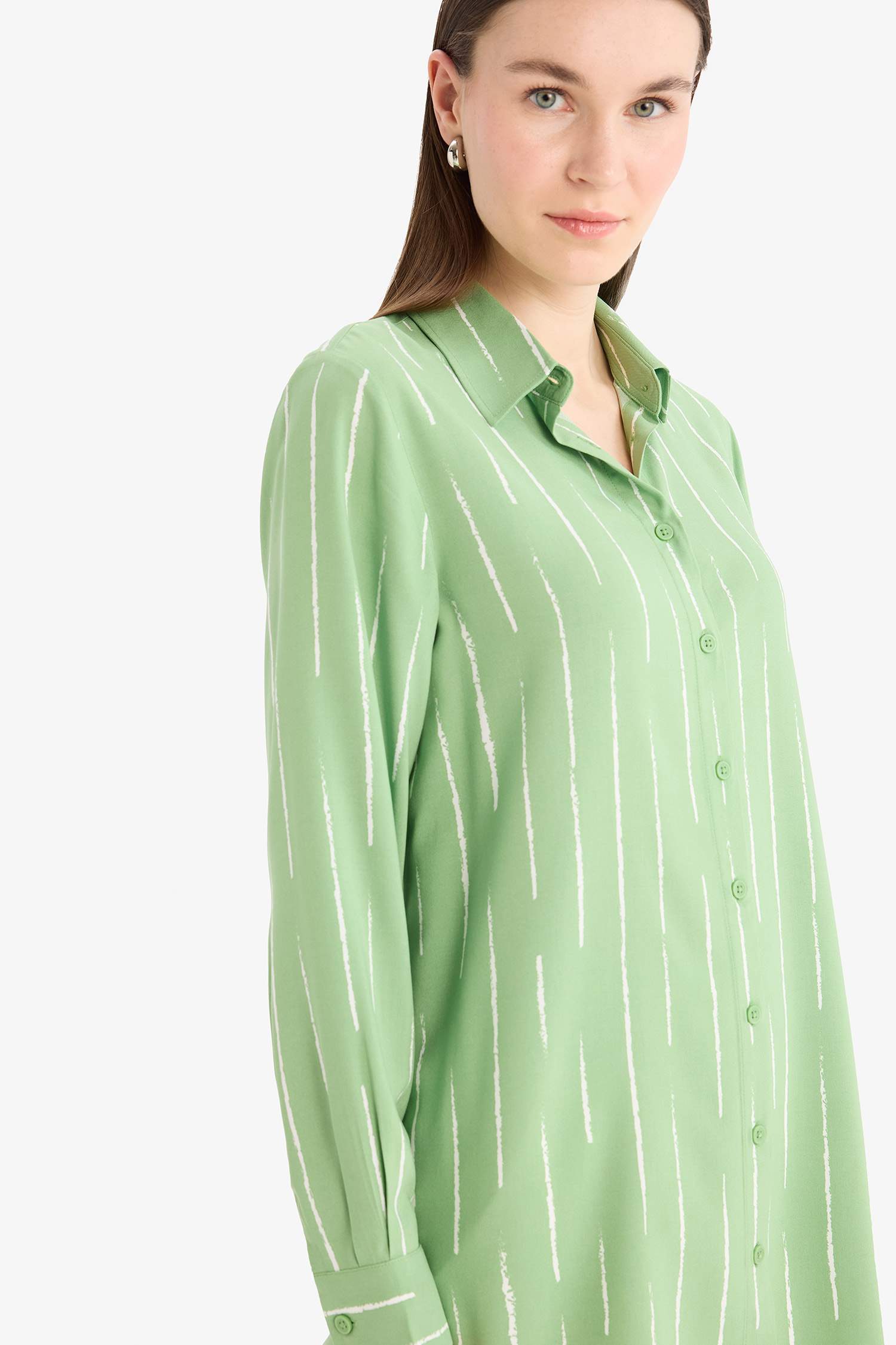 Relax Fit Viscose Shirt Collar Printed Long Sleeve Tunic