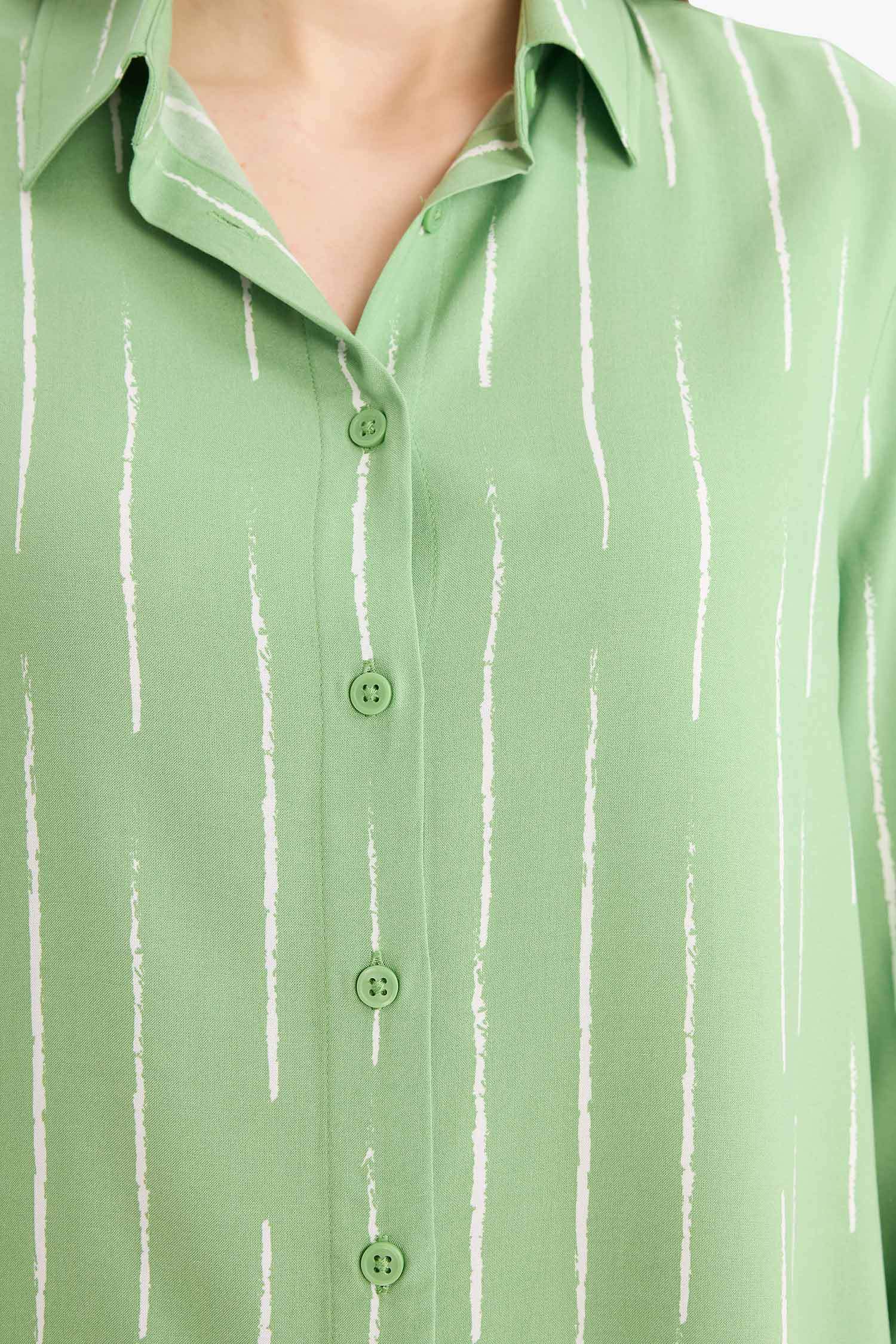 Relax Fit Viscose Shirt Collar Printed Long Sleeve Tunic