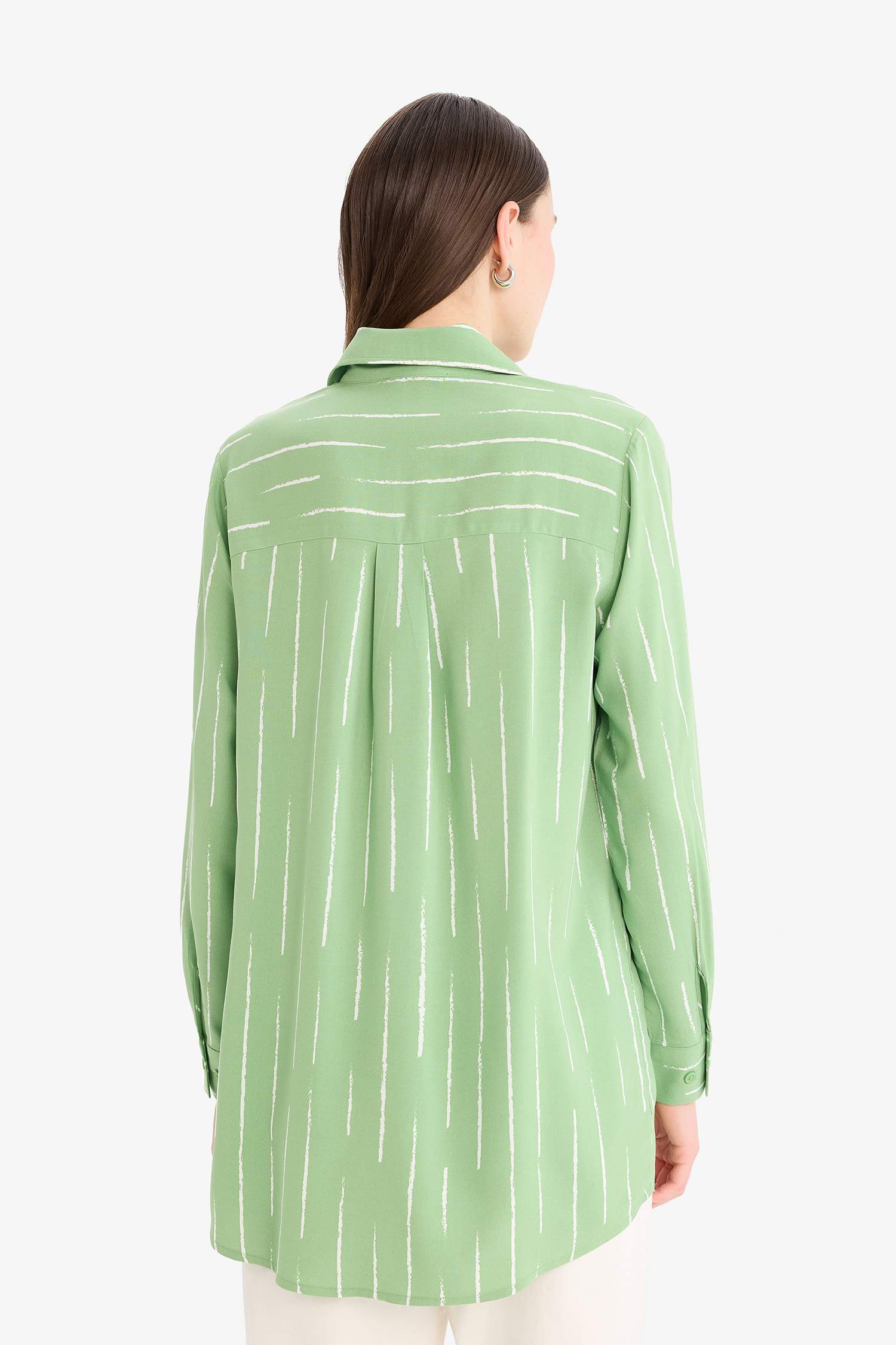 Relax Fit Viscose Shirt Collar Printed Long Sleeve Tunic