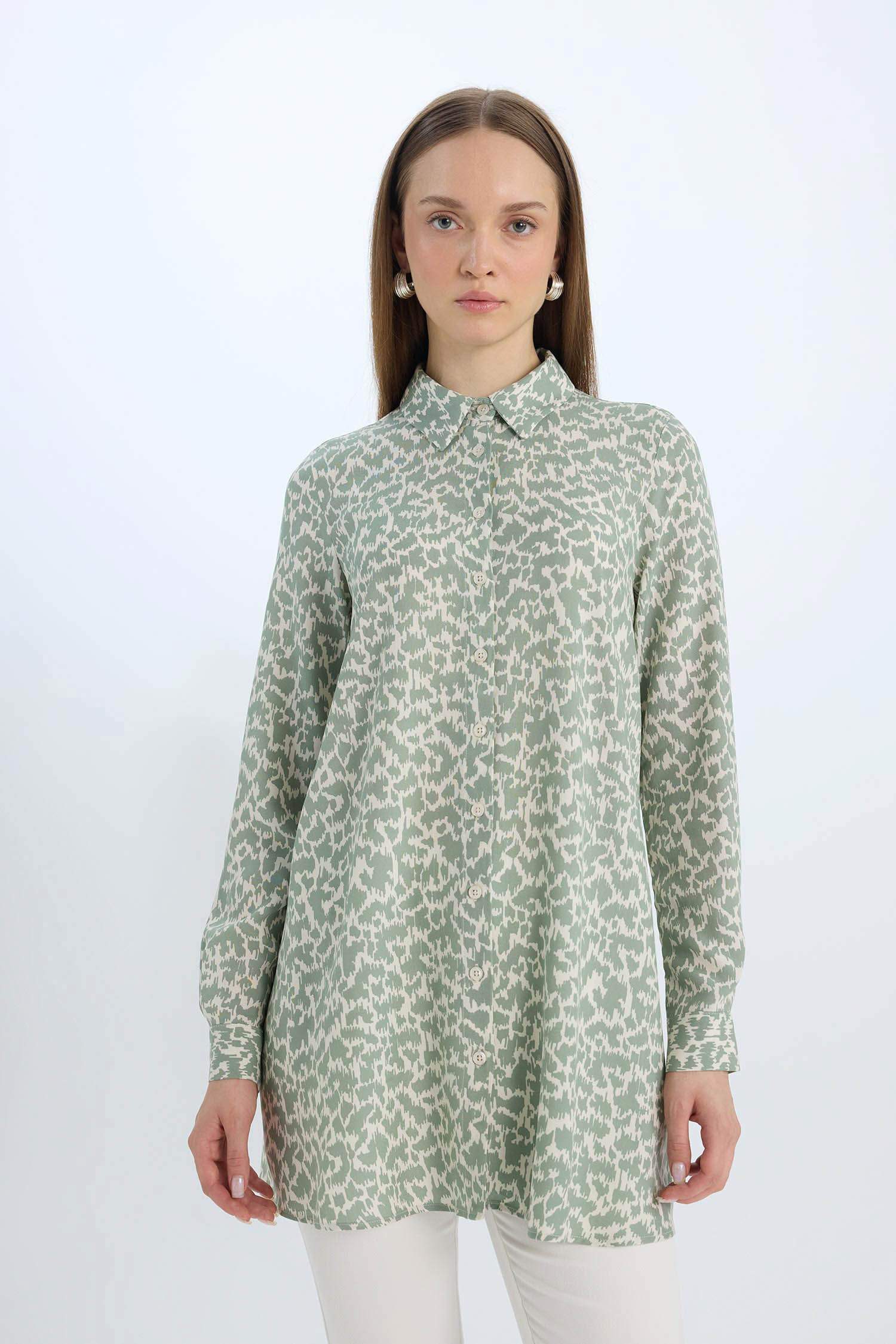 Relax Fit Gömlek Yaka Desenli Viskon Uzun Kollu Tunik