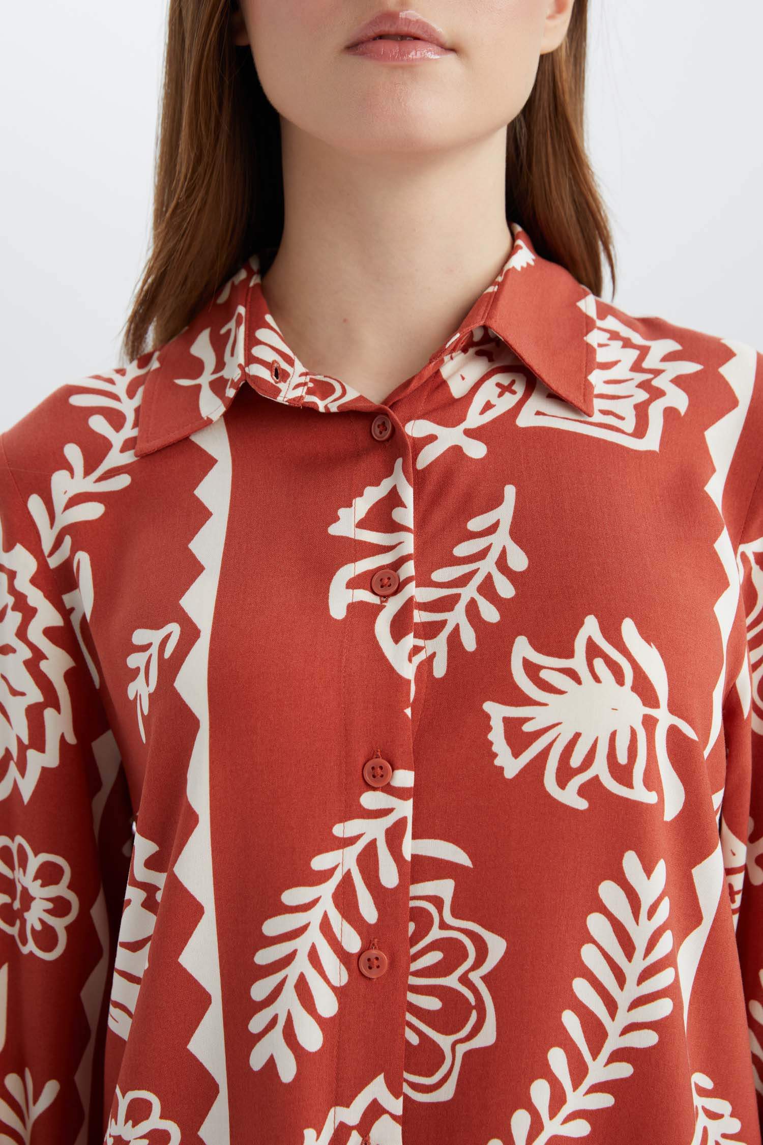 Relax Fit Gömlek Yaka Desenli Viskon Uzun Kollu Tunik