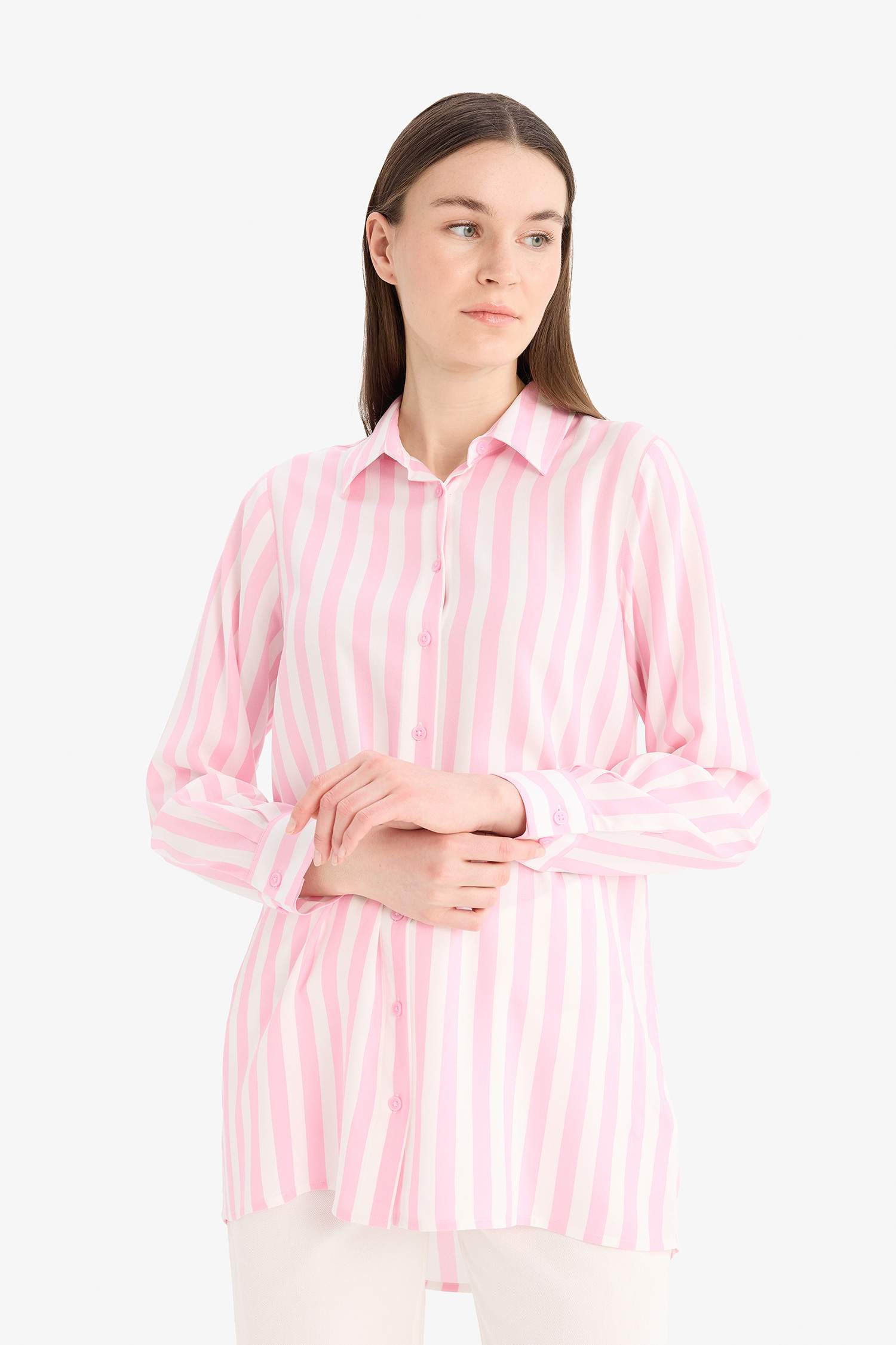 تونيكة كم طويل فيسكوز مطبوعة قصة مريحة برقبة قميص