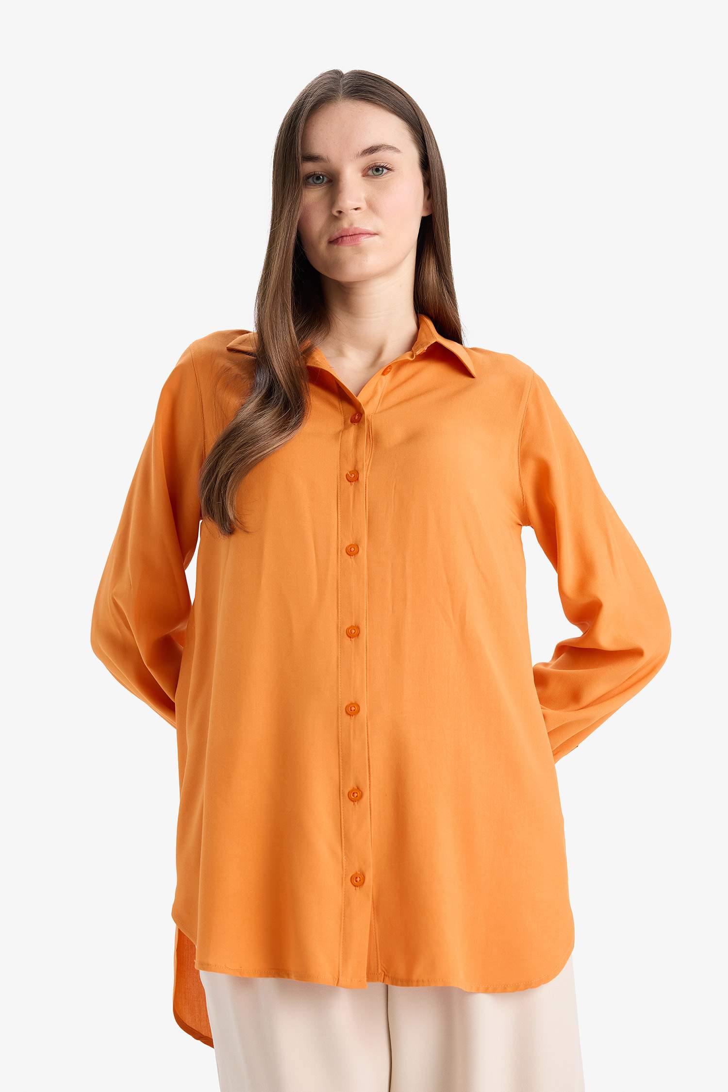 Regular Fit Viscose Shirt Collar Long Sleeve Tunic