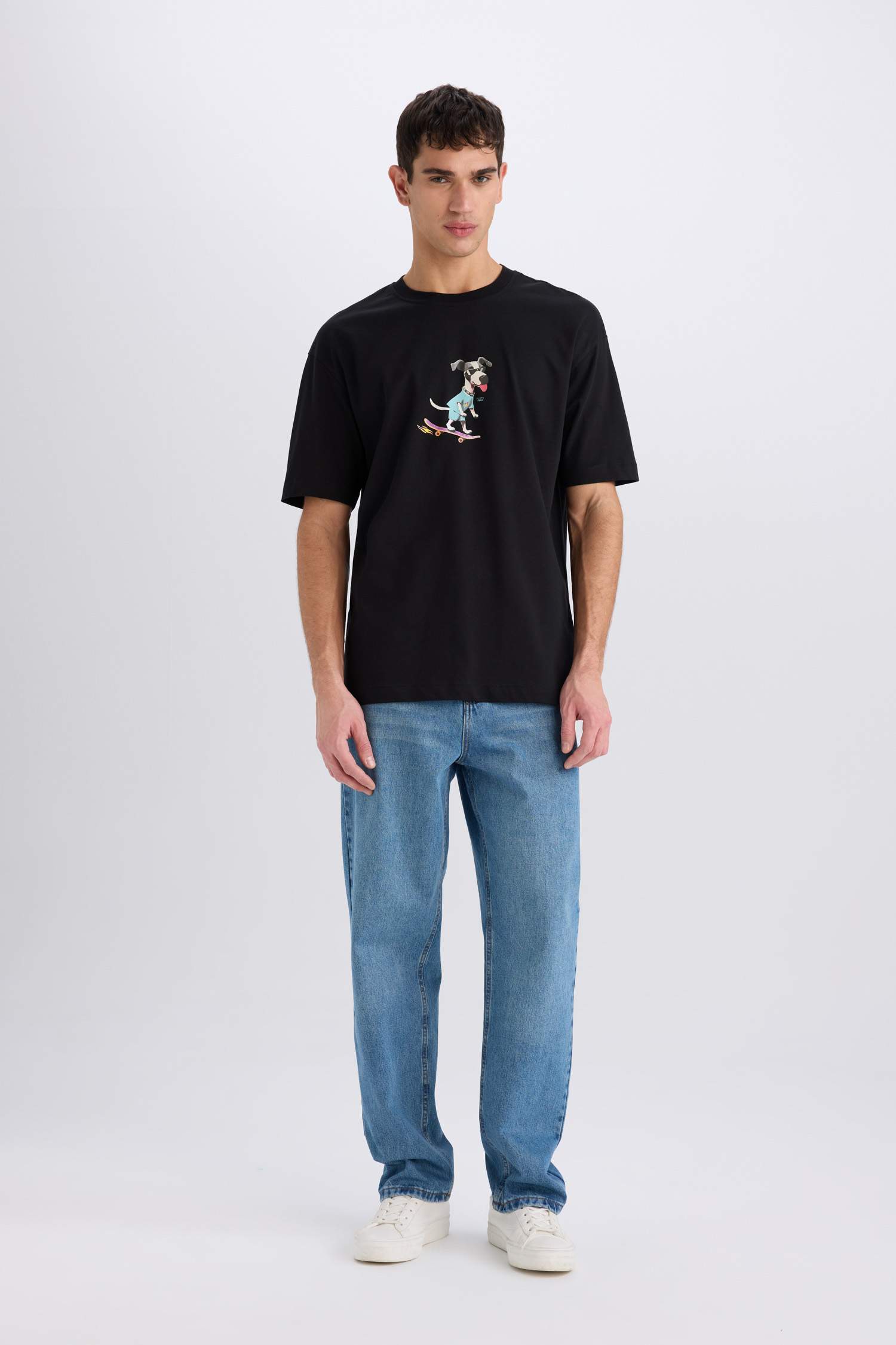 %100 Pamuk Boxy Fit Bisiklet Yaka Baskılı Kısa Kollu Tişört