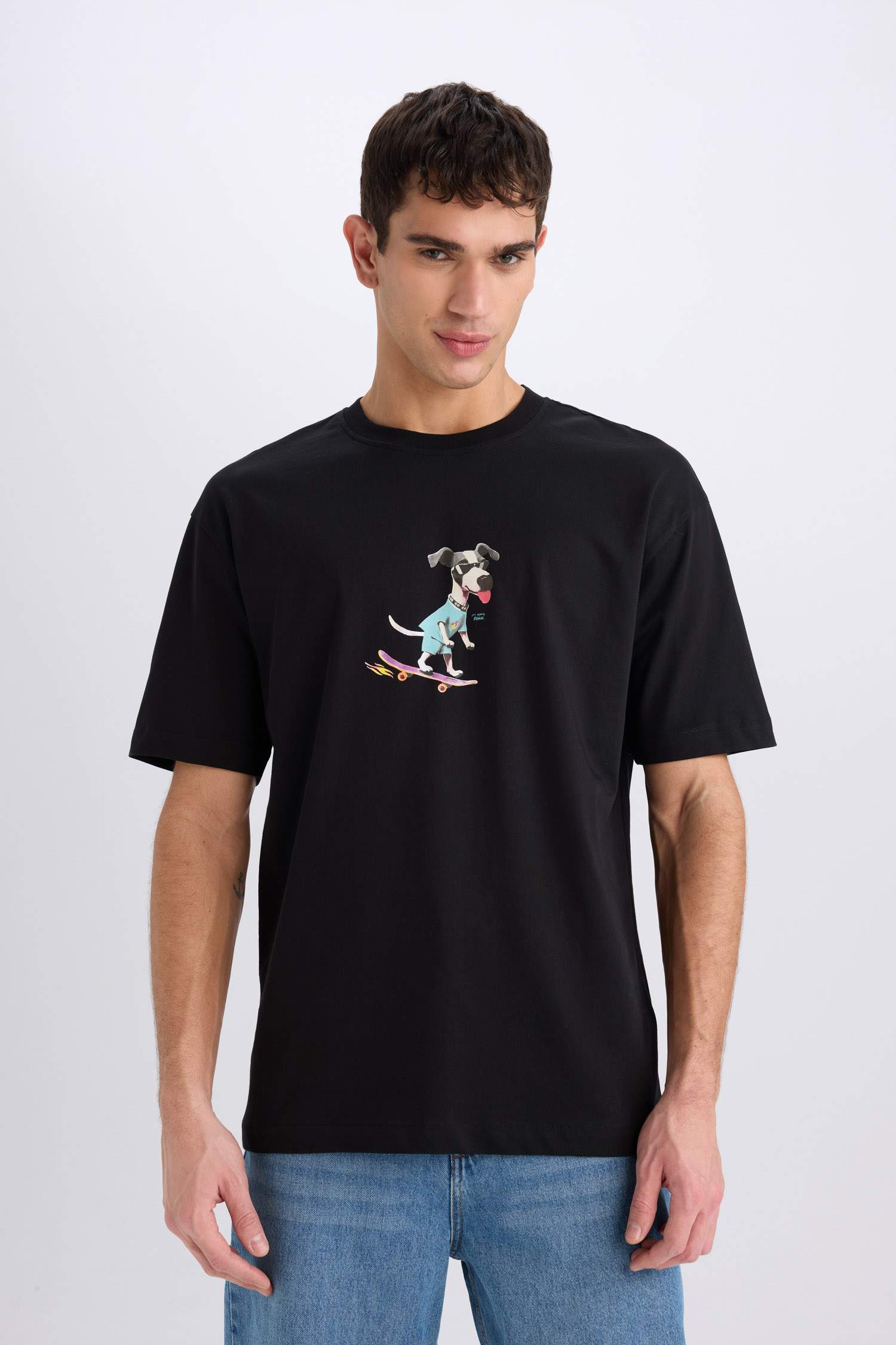 %100 Pamuk Boxy Fit Bisiklet Yaka Baskılı Kısa Kollu Tişört