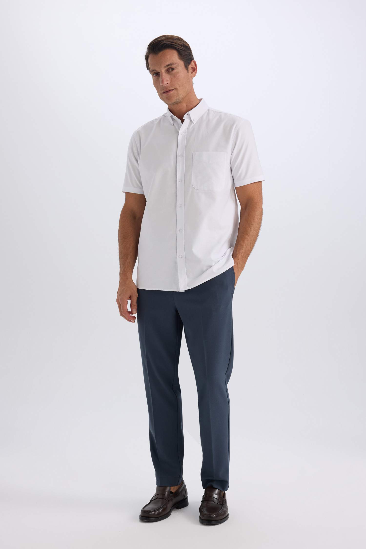 %100 Pamuk Regular Fit Polo Yaka Oxford Yazlık Kısa Kollu Beyaz Gömlek