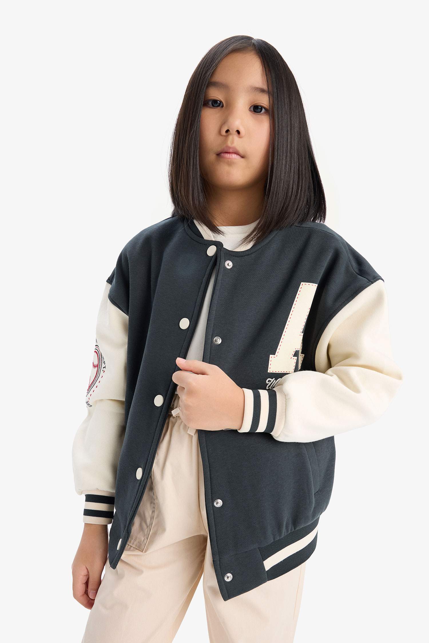 Kız Çocuk Baskılı Kolej Yaka İçi Yumuşak Tüylü Bomber Ceket