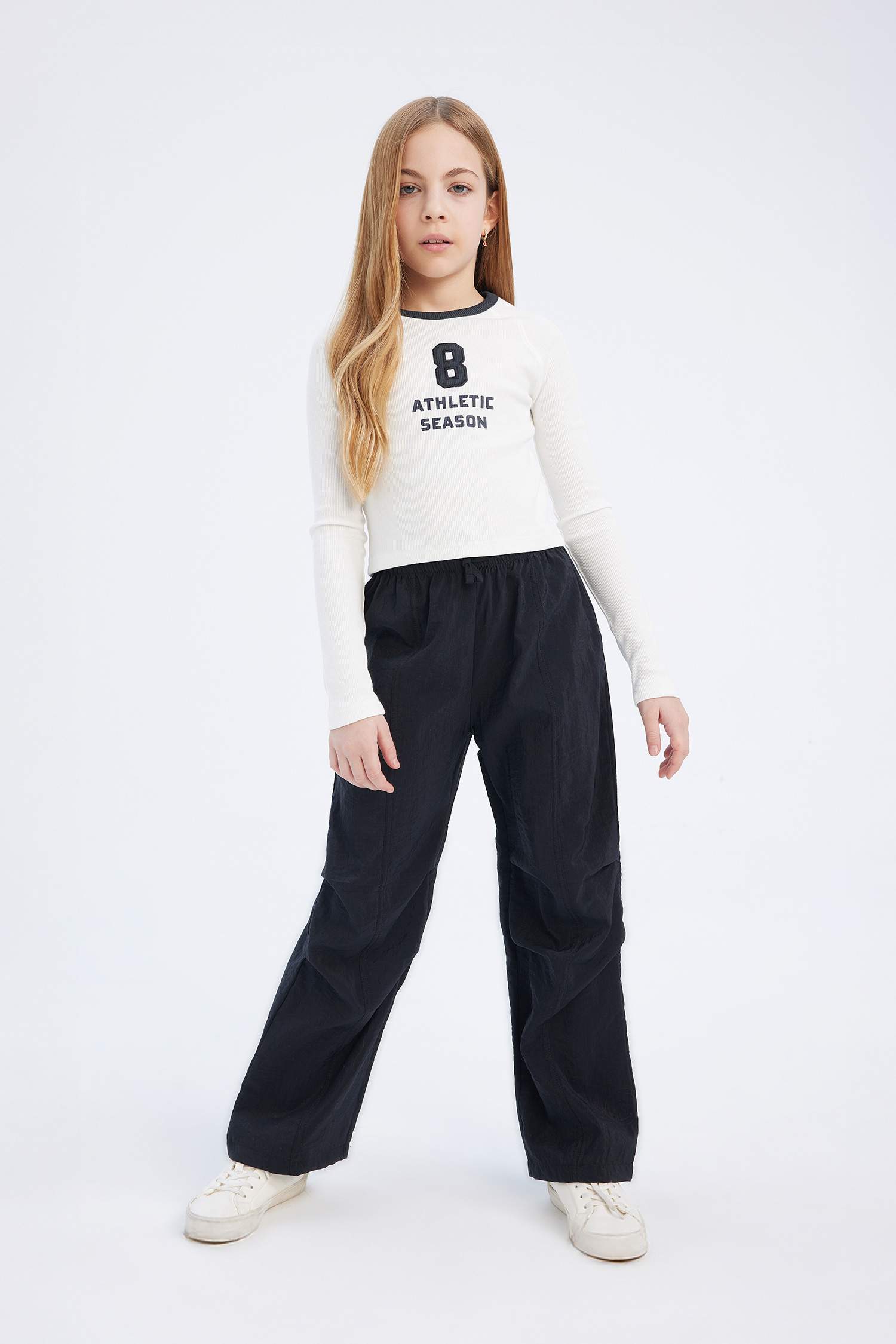 Kız Çocuk Slim Fit Dar Kesim Bisiklet Yaka Baskılı Uzun Kollu Tişört