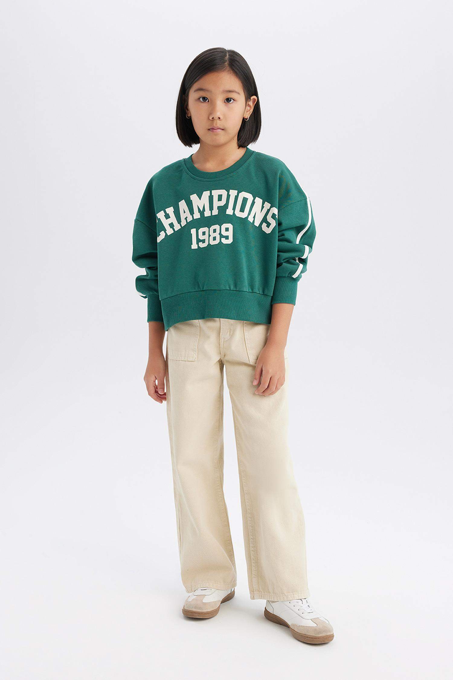 Kız Çocuk Relax Fit Bisiklet Yaka Baskılı Sweatshirt