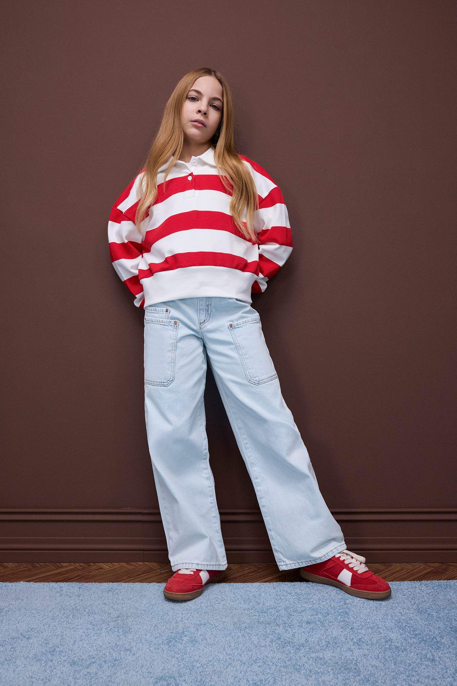 Kız Çocuk Relax Fit Polo Yaka Çizgili Sweatshirt