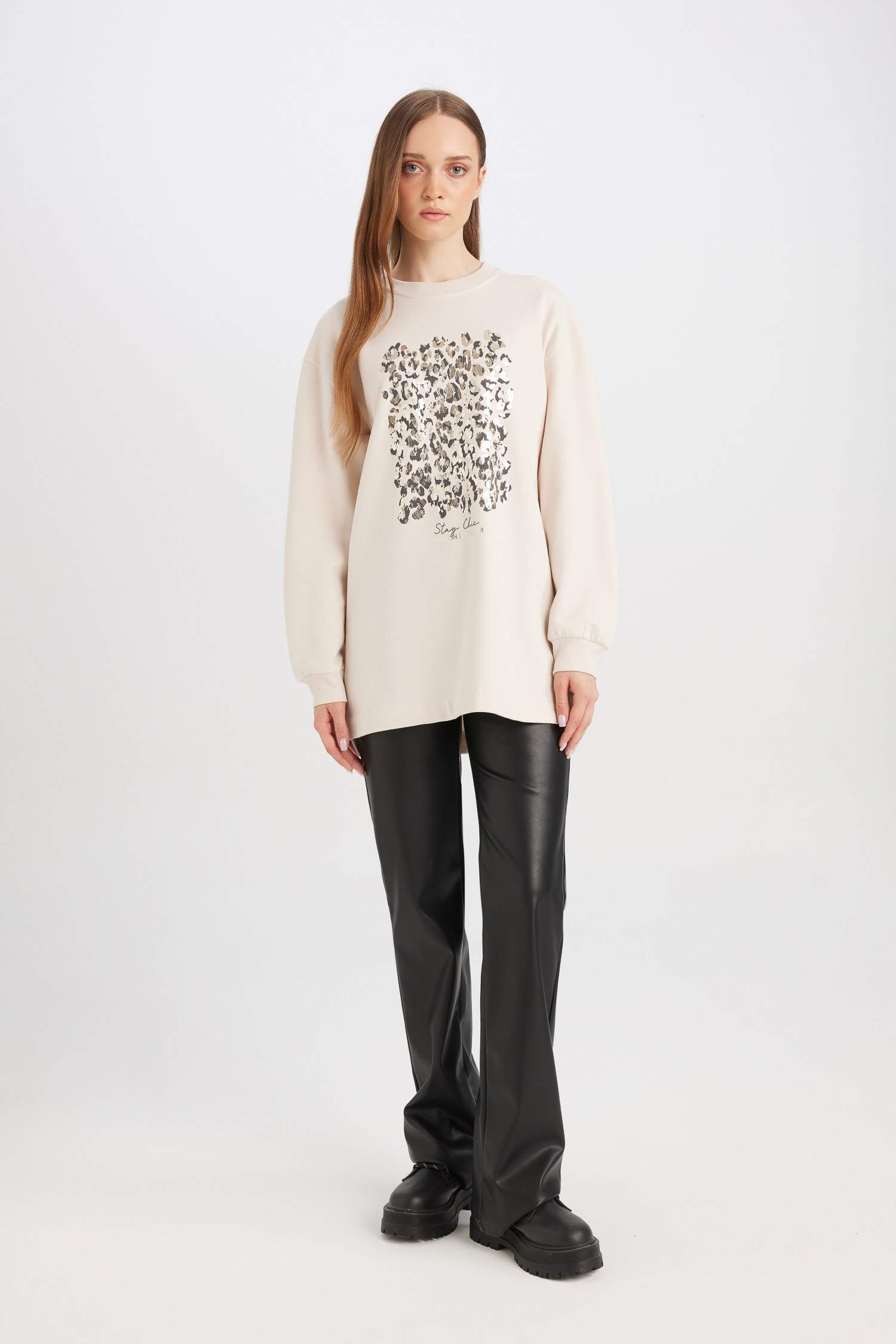 Tunique Sweat-shirt en tissu fin imprimé à Col rond et Coupe décontractée