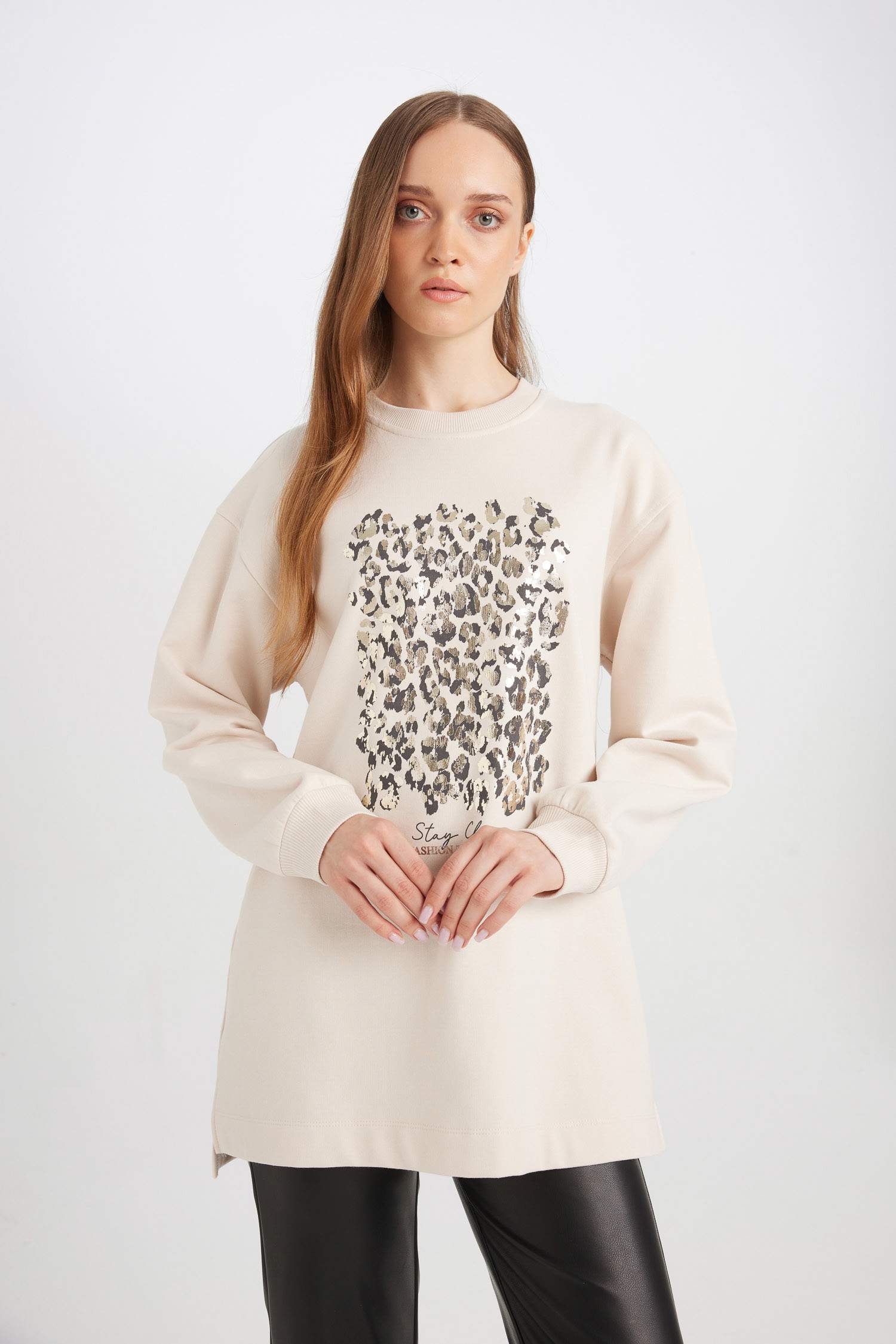 Tunique Sweat-shirt en tissu fin imprimé à Col rond et Coupe décontractée