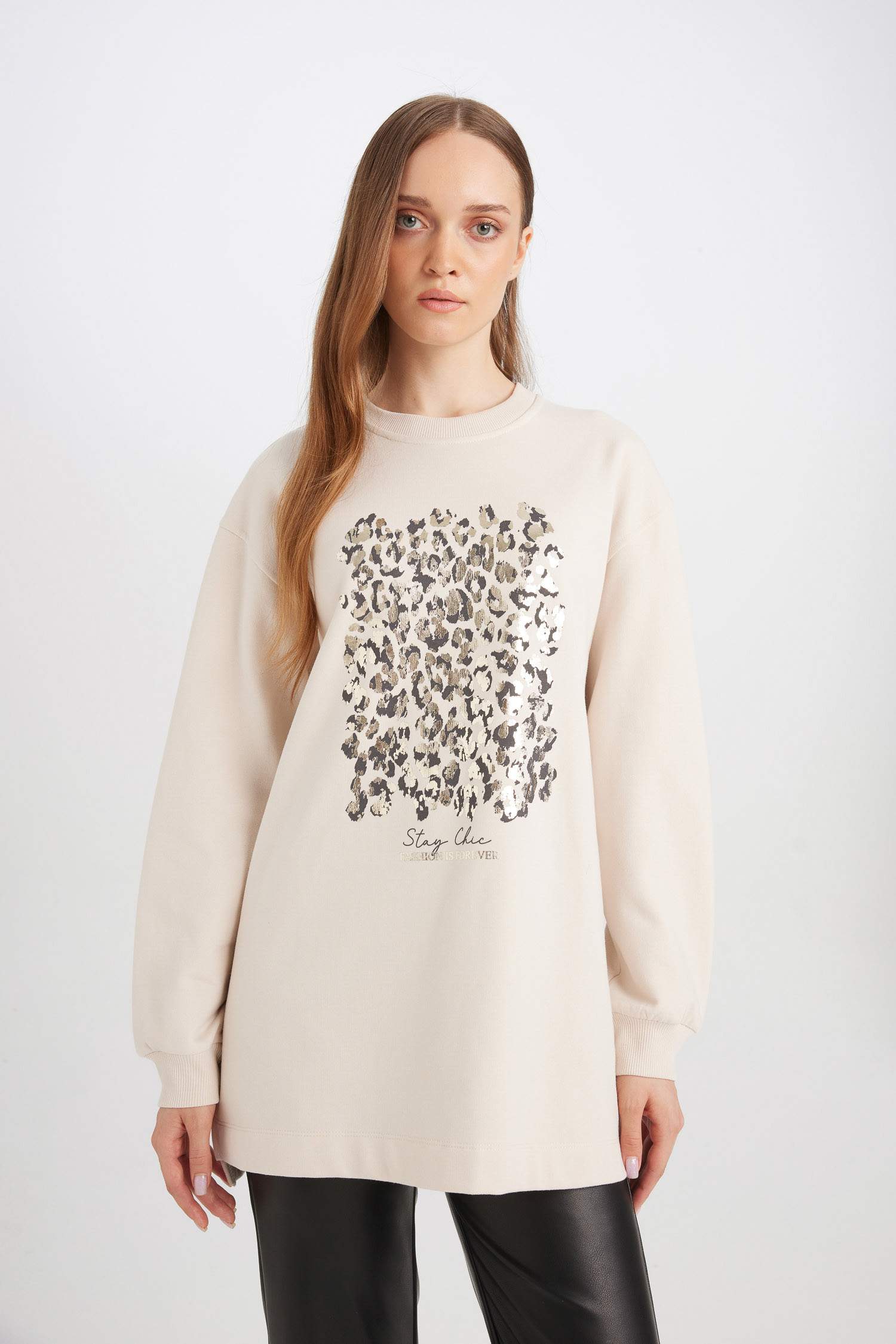 Tunique Sweat-shirt en tissu fin imprimé à Col rond et Coupe décontractée