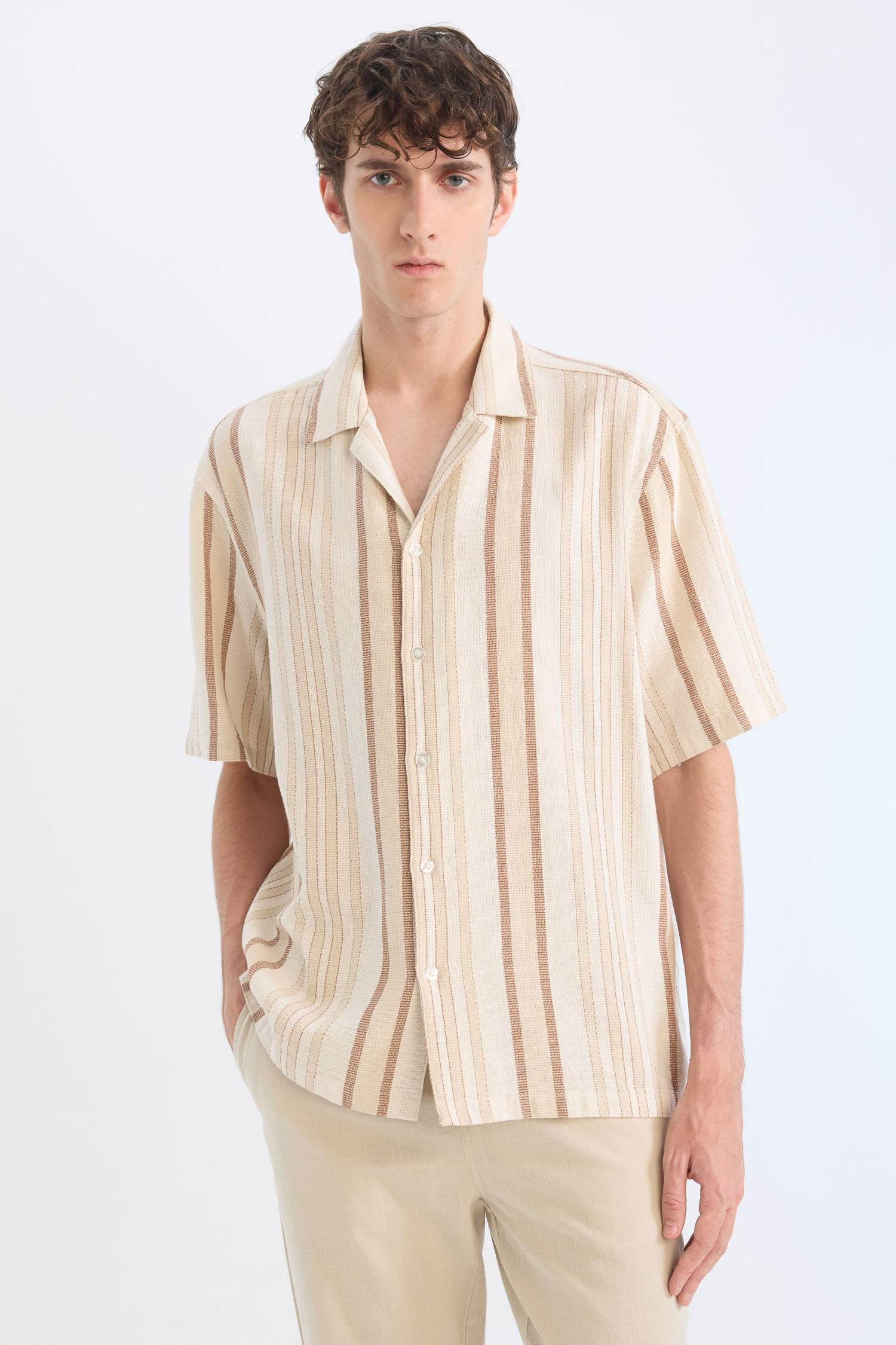 Relax Fit Resort Neck Cotton Striped Short Sleeve Shirt