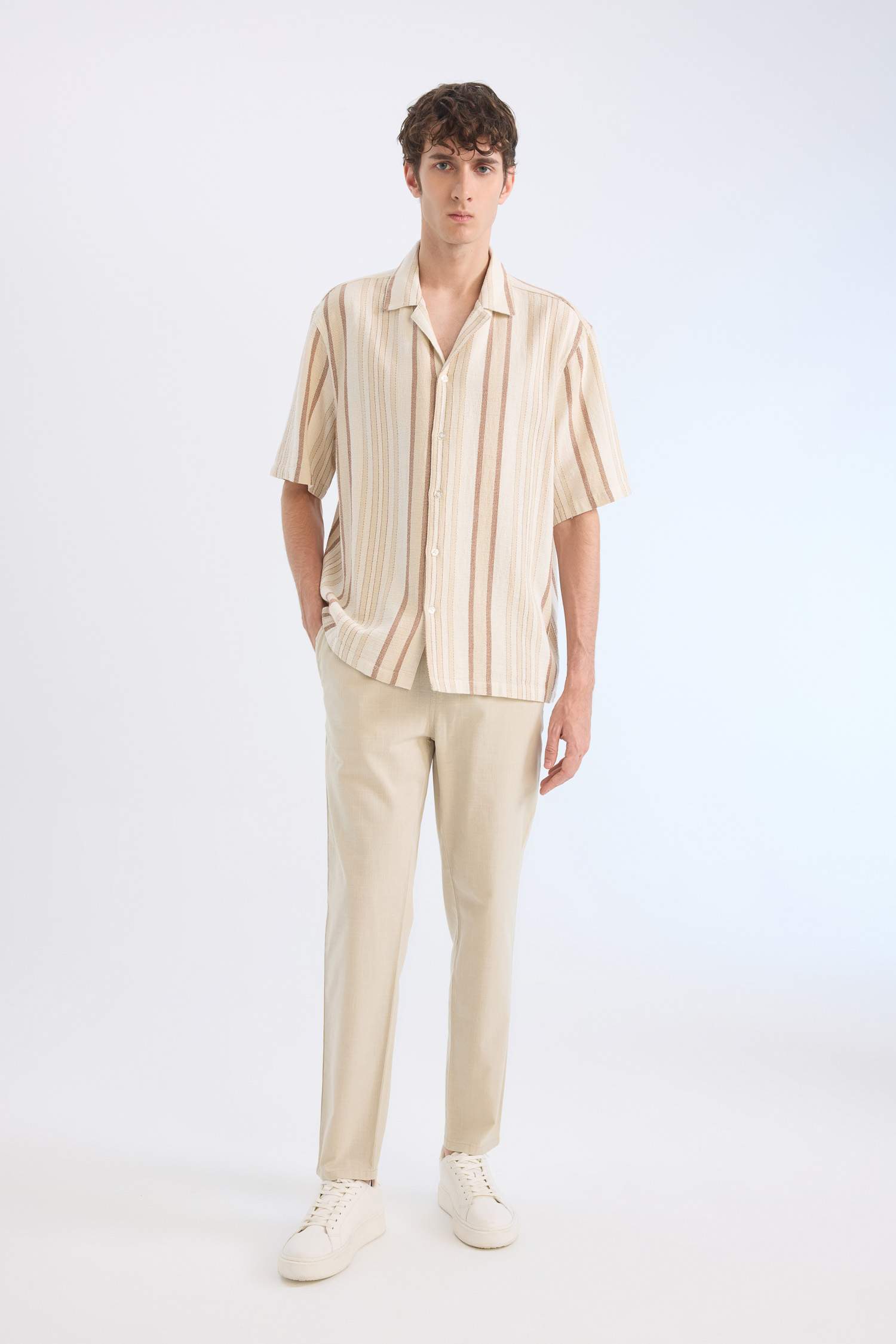 Relax Fit Resort Neck Cotton Striped Short Sleeve Shirt