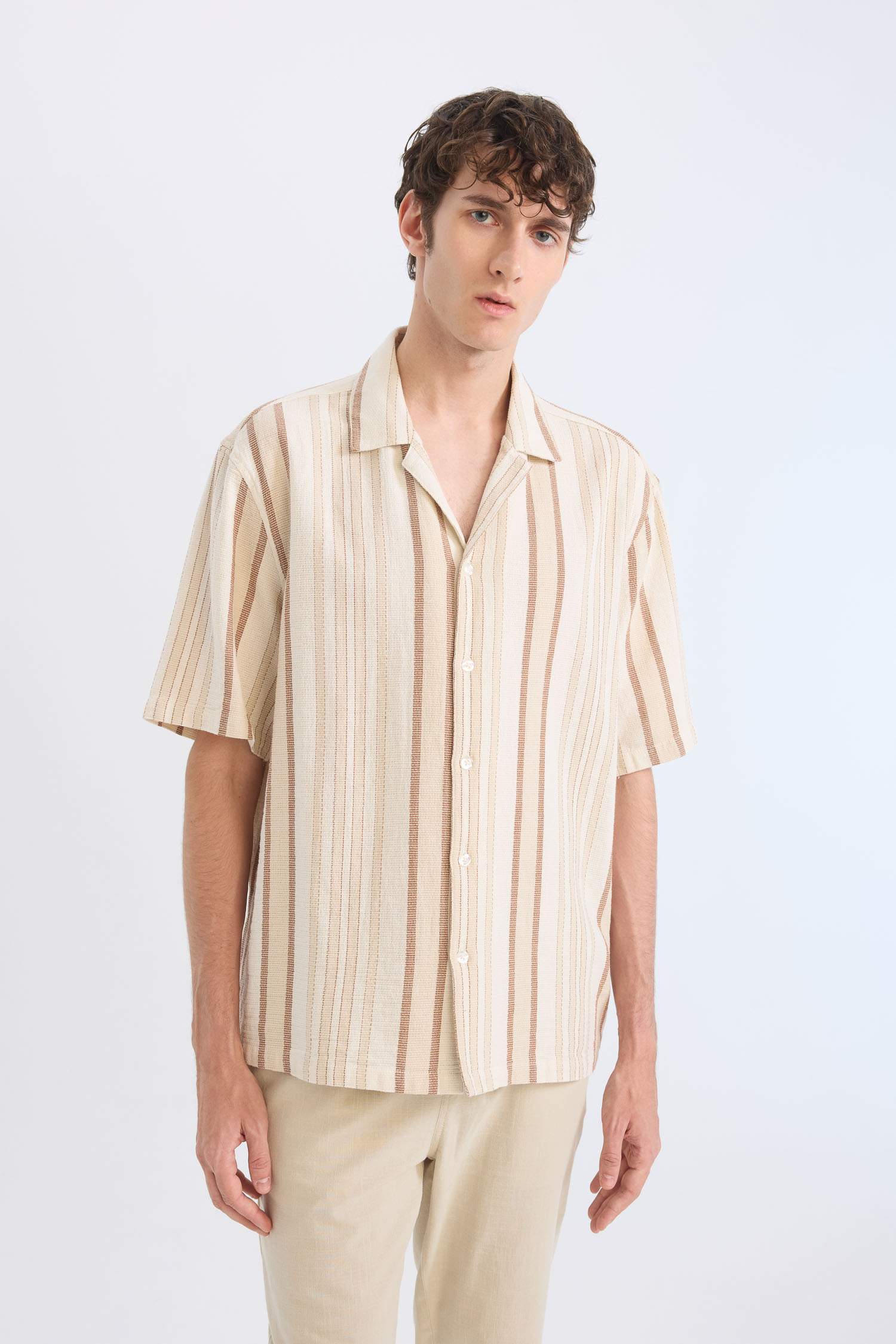 Relax Fit Resort Neck Cotton Striped Short Sleeve Shirt