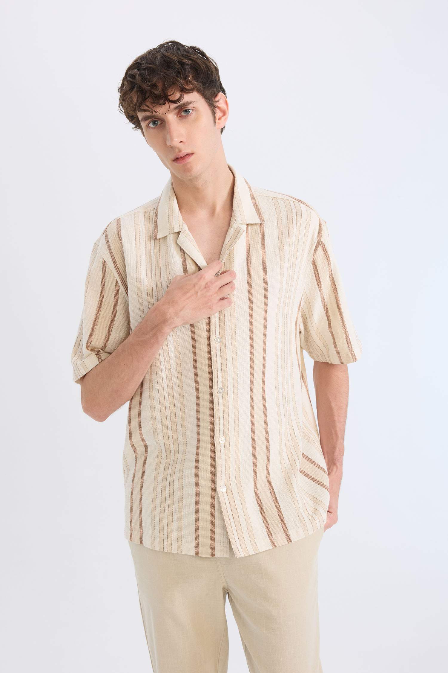 Relax Fit Resort Neck Cotton Striped Short Sleeve Shirt