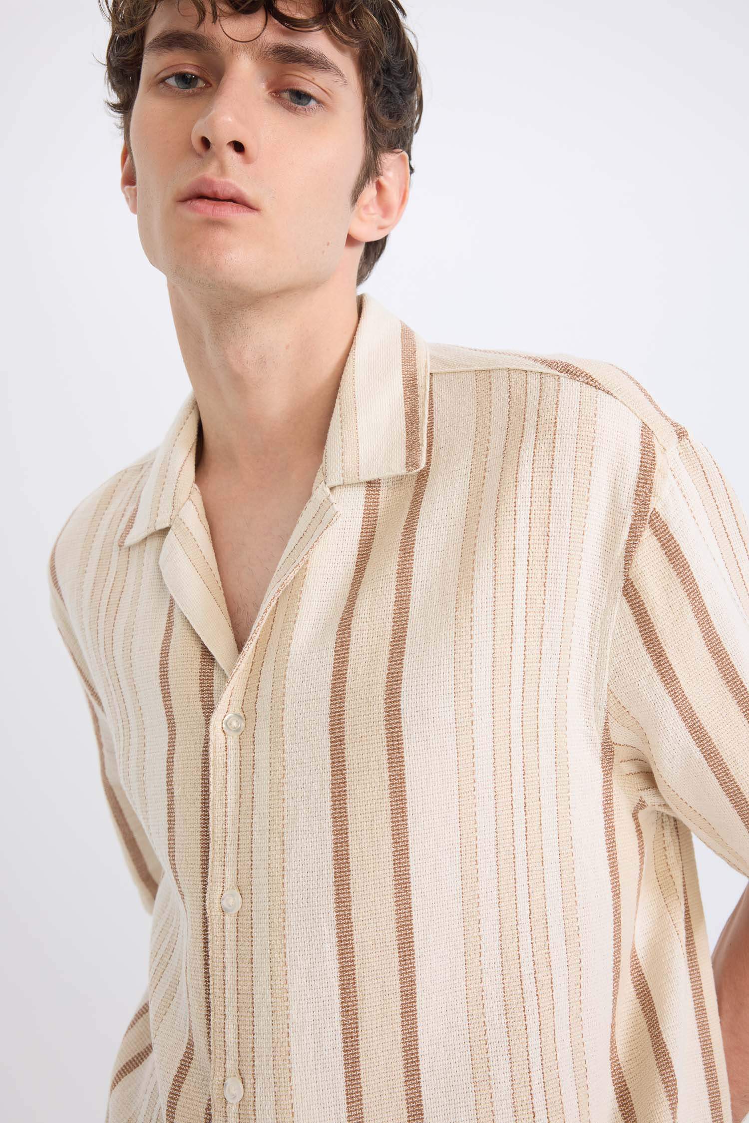 Relax Fit Resort Neck Cotton Striped Short Sleeve Shirt