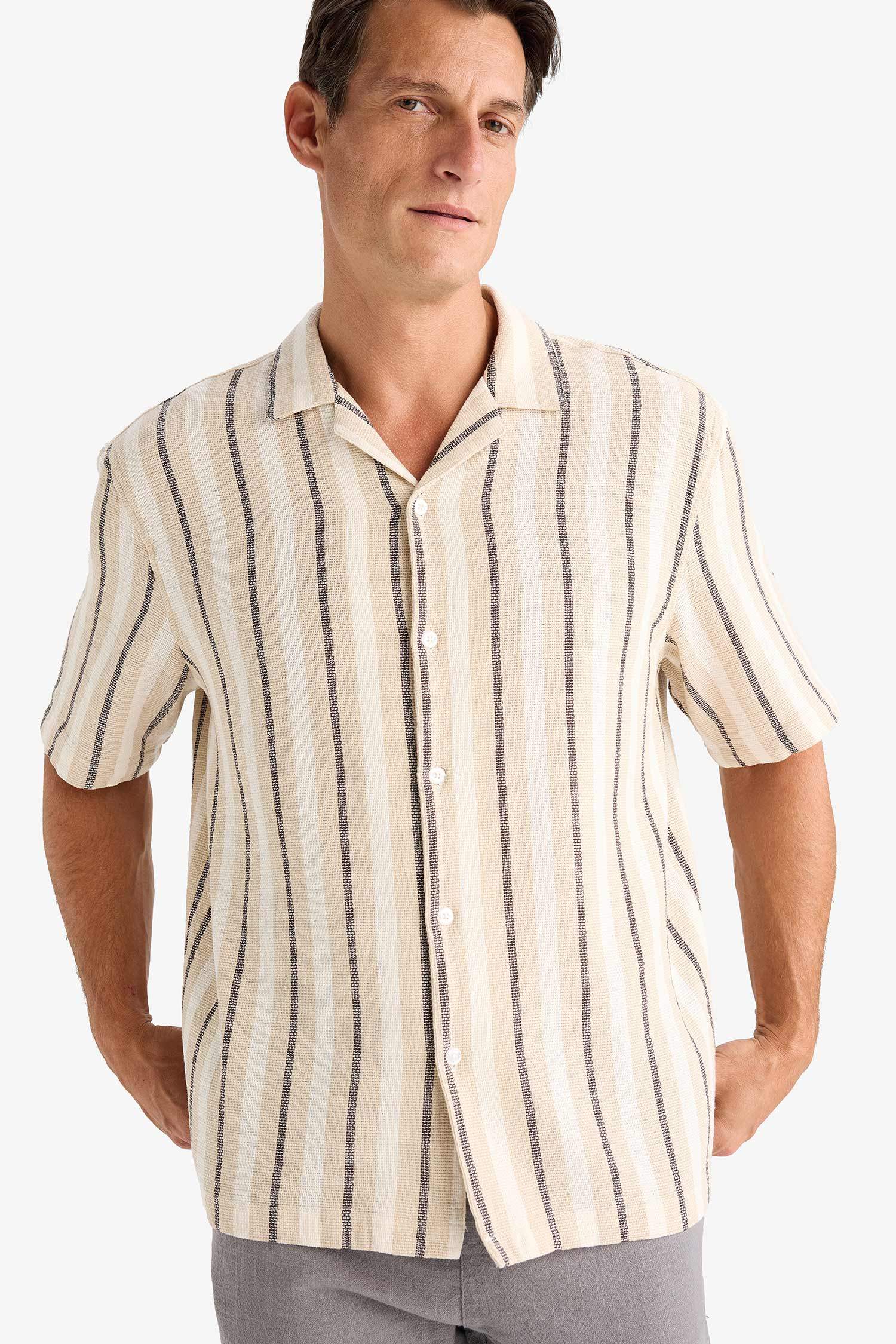 Рубашка с воротником-поло, расслабленный крой, полосатая, хлопковая, с коротким рукавом