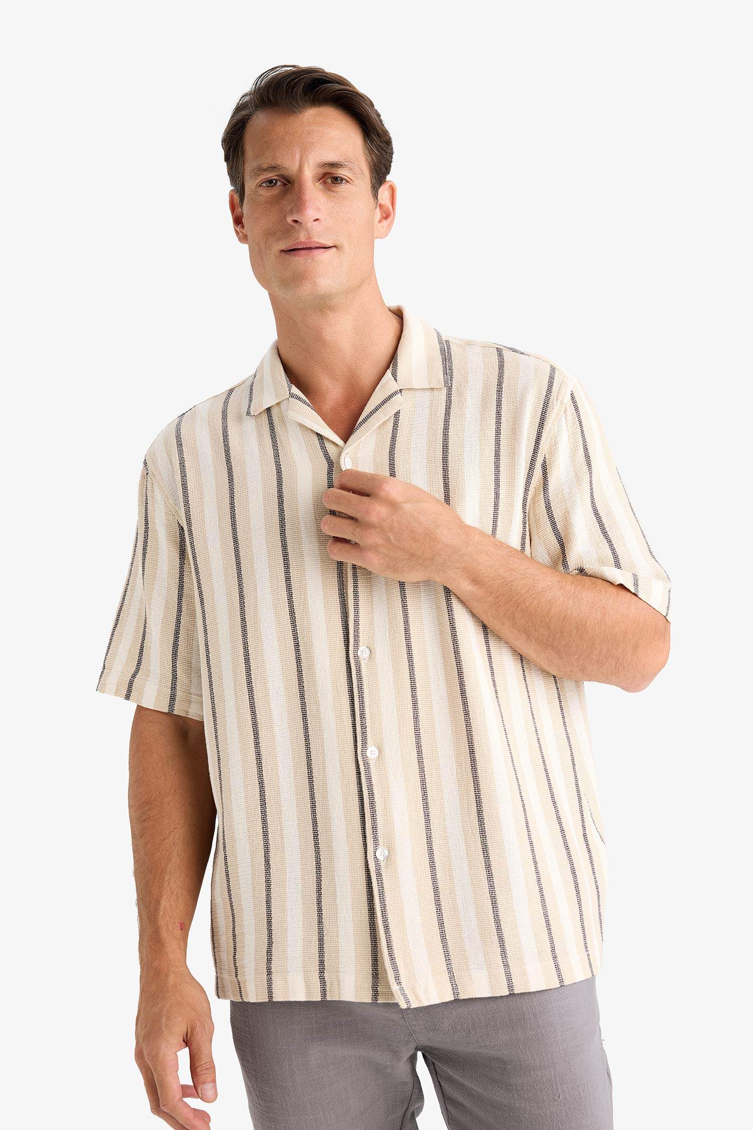 Рубашка с воротником-поло, расслабленный крой, полосатая, хлопковая, с коротким рукавом