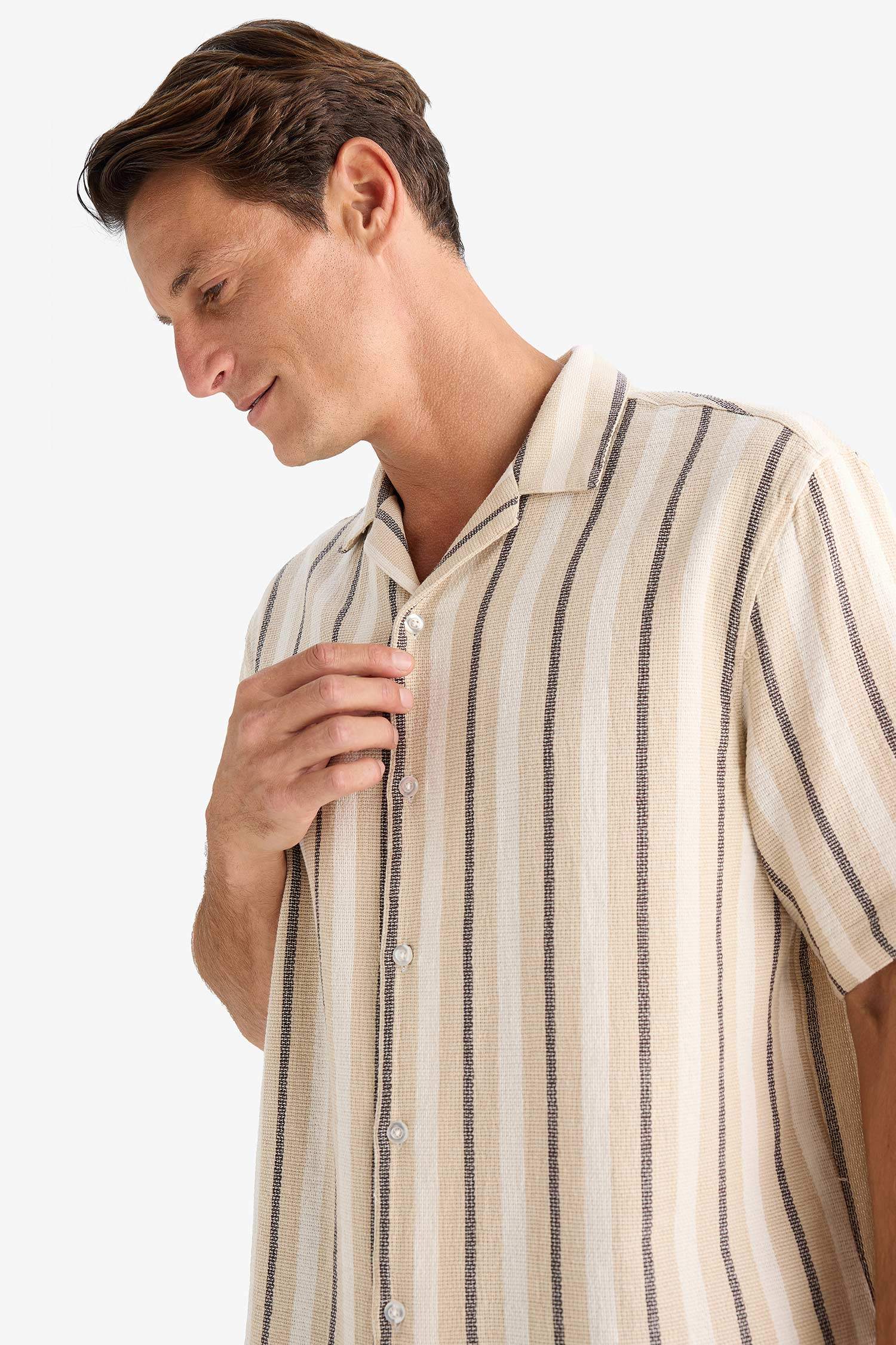 Рубашка с воротником-поло, расслабленный крой, полосатая, хлопковая, с коротким рукавом